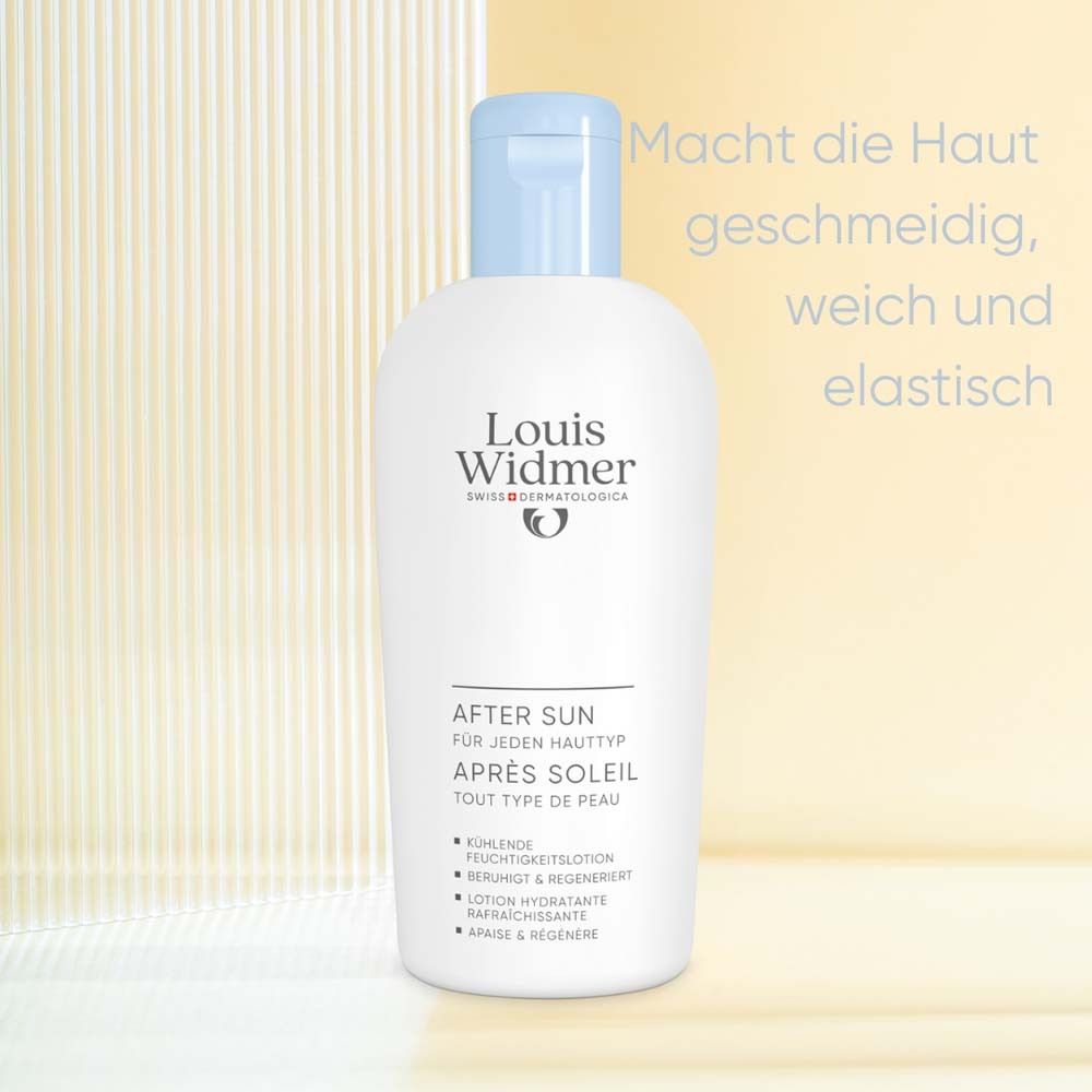 Flacon blanc, bouchon bleu. Texte: Après Soleil, tous types de peau. Rend la peau souple.