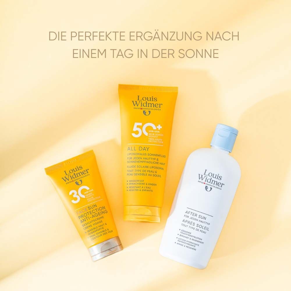 Trois produits Louis Widmer. Après Soleil, crèmes solaires. Texte: protection solaire.