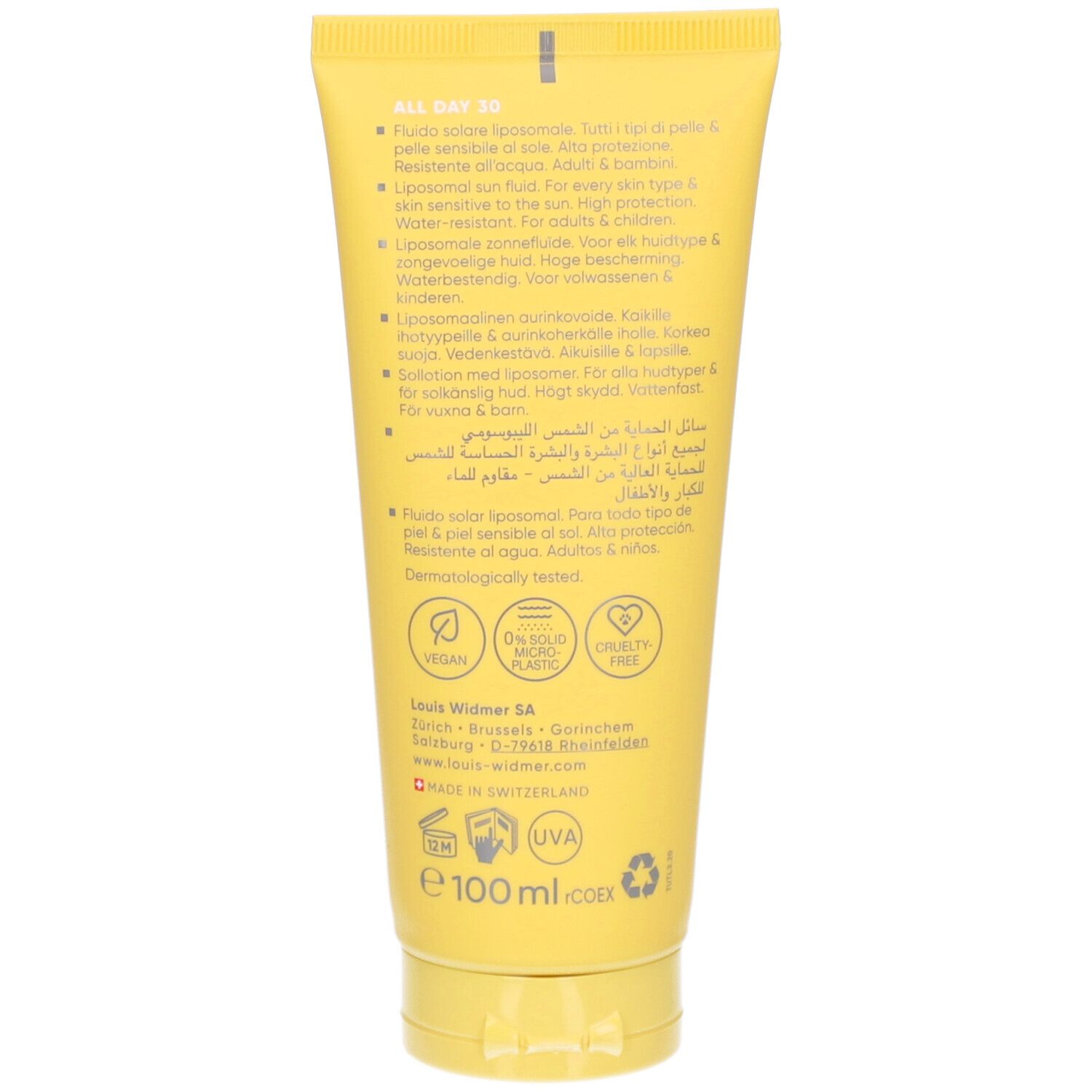 Dos du tube jaune. Texte: Louis Widmer, ingrédients, vegan, on sour plastic, cruelty free. 100 ml, UVA.
