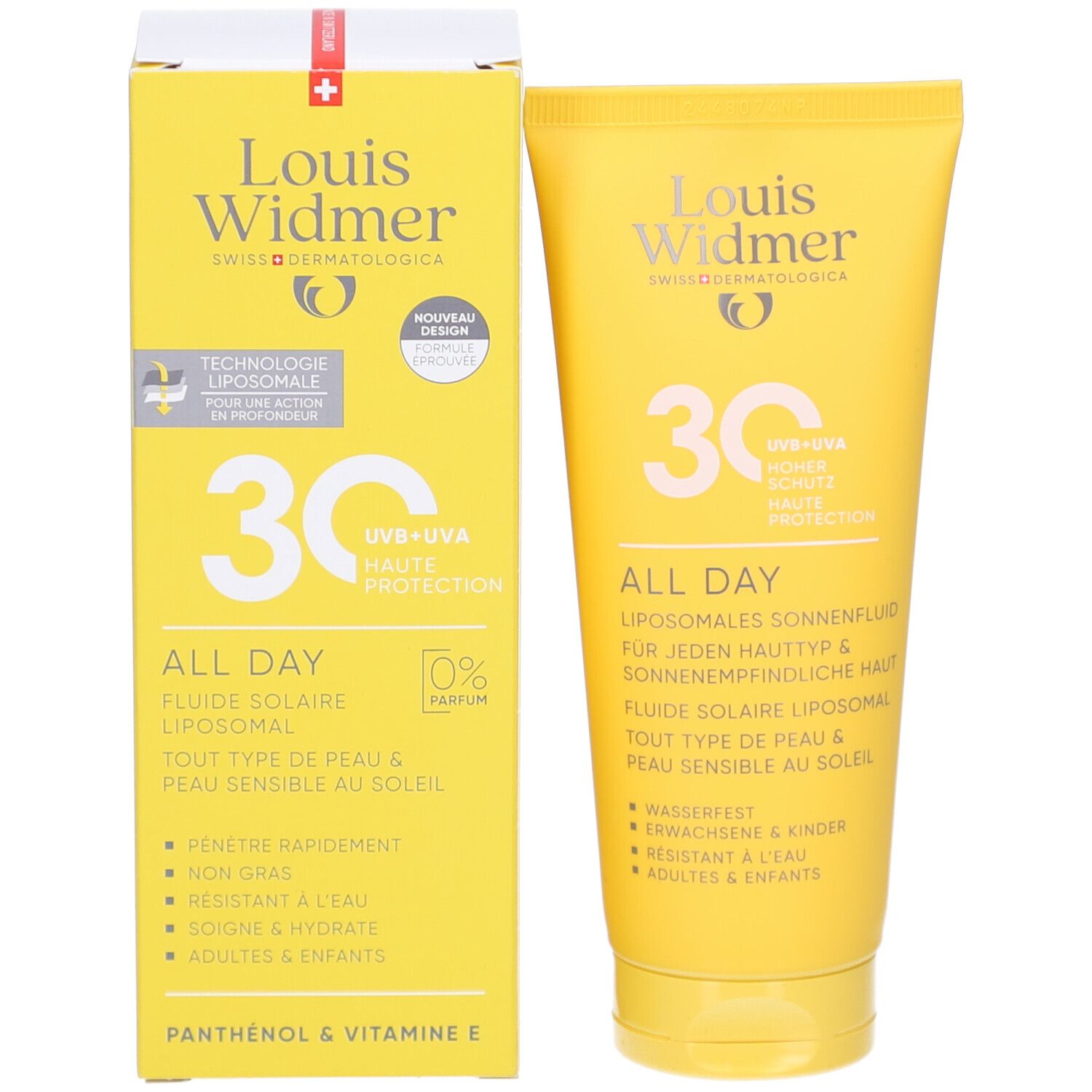 Emballage du produit avec tube. Boîte et tube jaunes. Texte: Louis Widmer, 30, All Day, fluide solaire liposomial. 0% Parfum.
