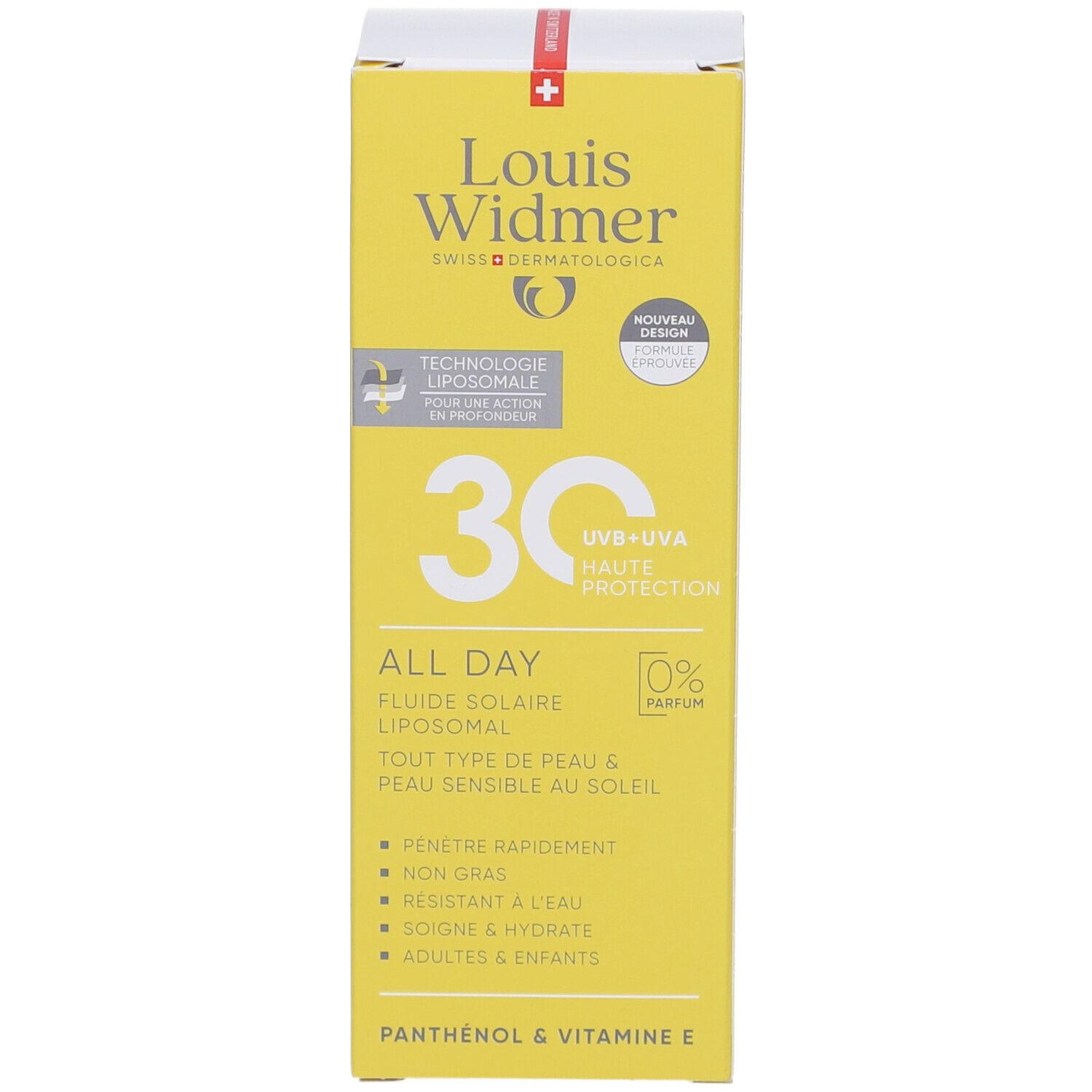 Emballage du produit jaune. Texte: Louis Widmer, 30, All Day, fluide solaire liposomial. 0% Parfum. Panthénol & Vitamine E.