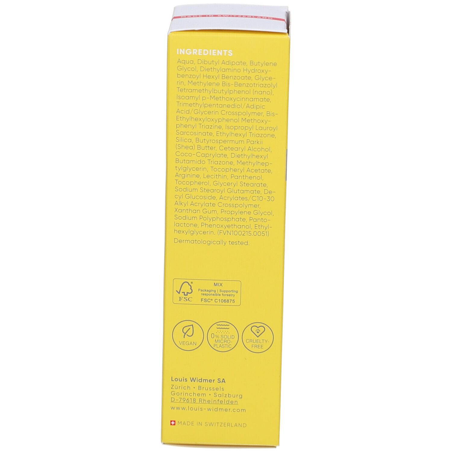 Dos de l'emballage du produit jaune. Texte: Ingrédients, vegan, on sour plastic, cruelty free. Louis Widmer SA.