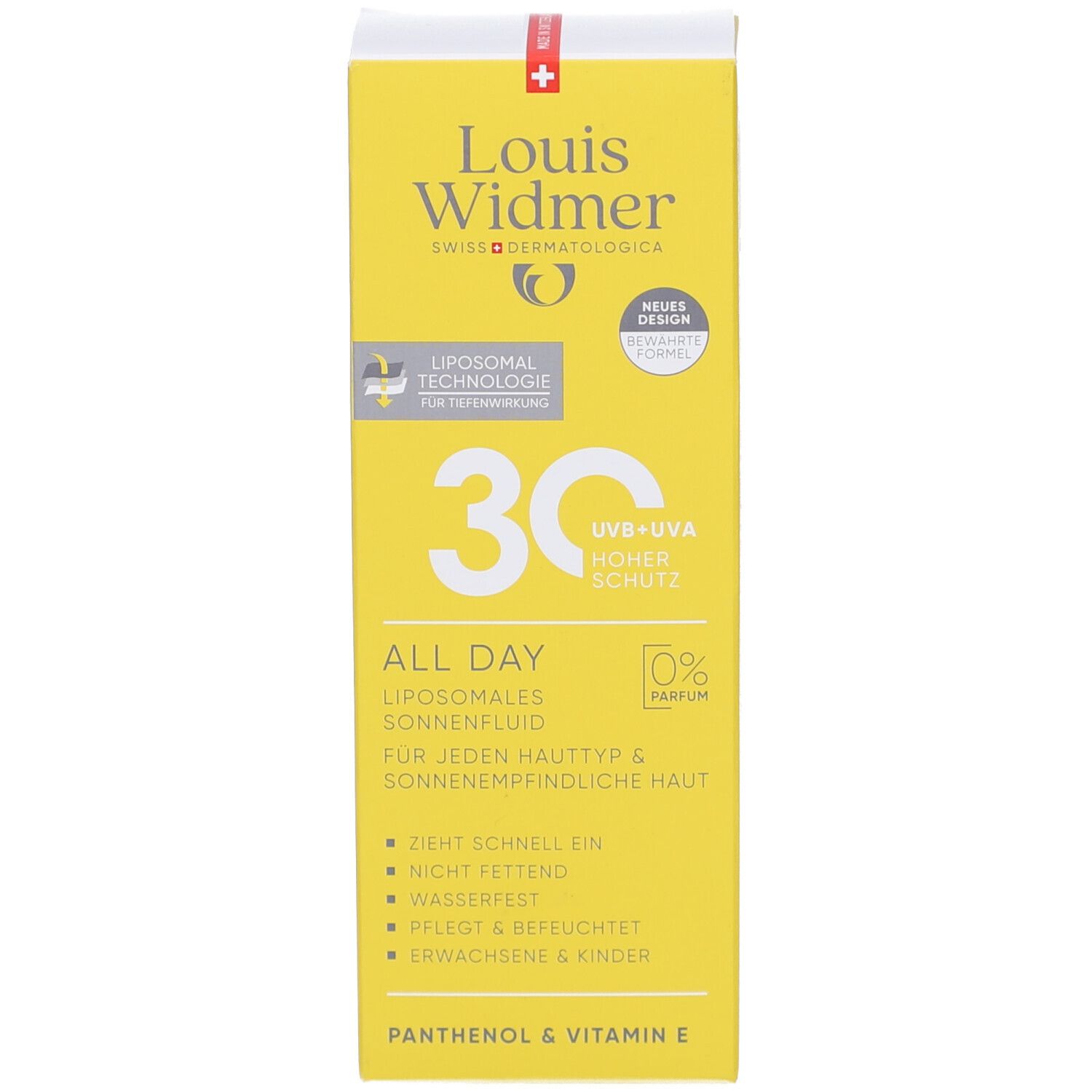 Emballage du produit jaune. Texte: Louis Widmer, 30, All Day, fluide solaire liposomial. Pénètre rapidement, non gras.