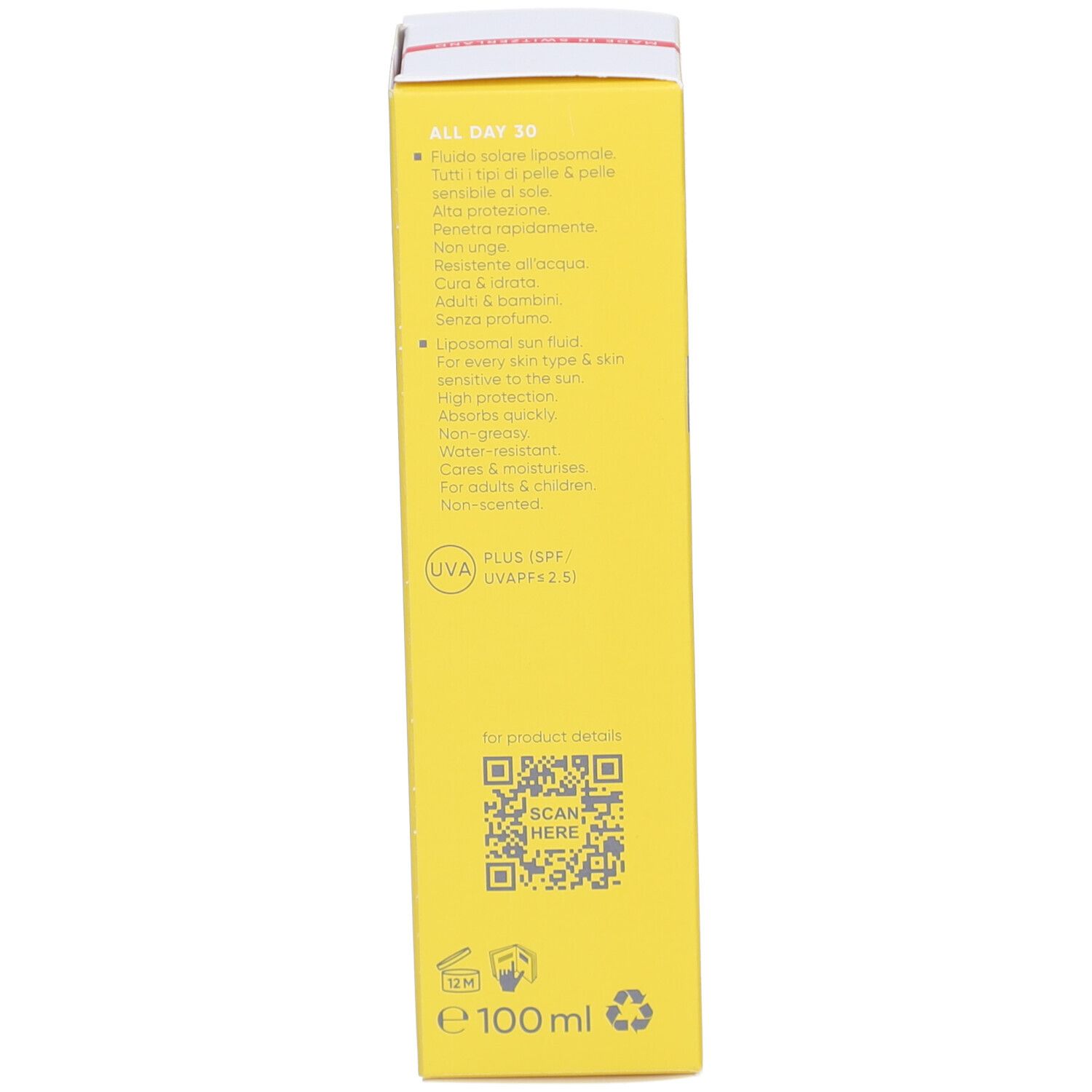 Dos de l'emballage du produit jaune. Texte: All Day 30, fluide solaire liposomial. 100 ml. Scanner le code QR.