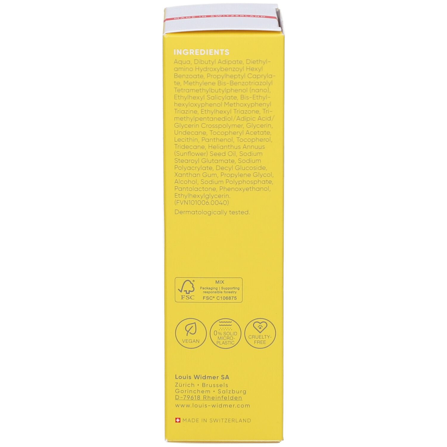 Dos de la boîte jaune. Liste des ingrédients. Certifications et labels de qualité.