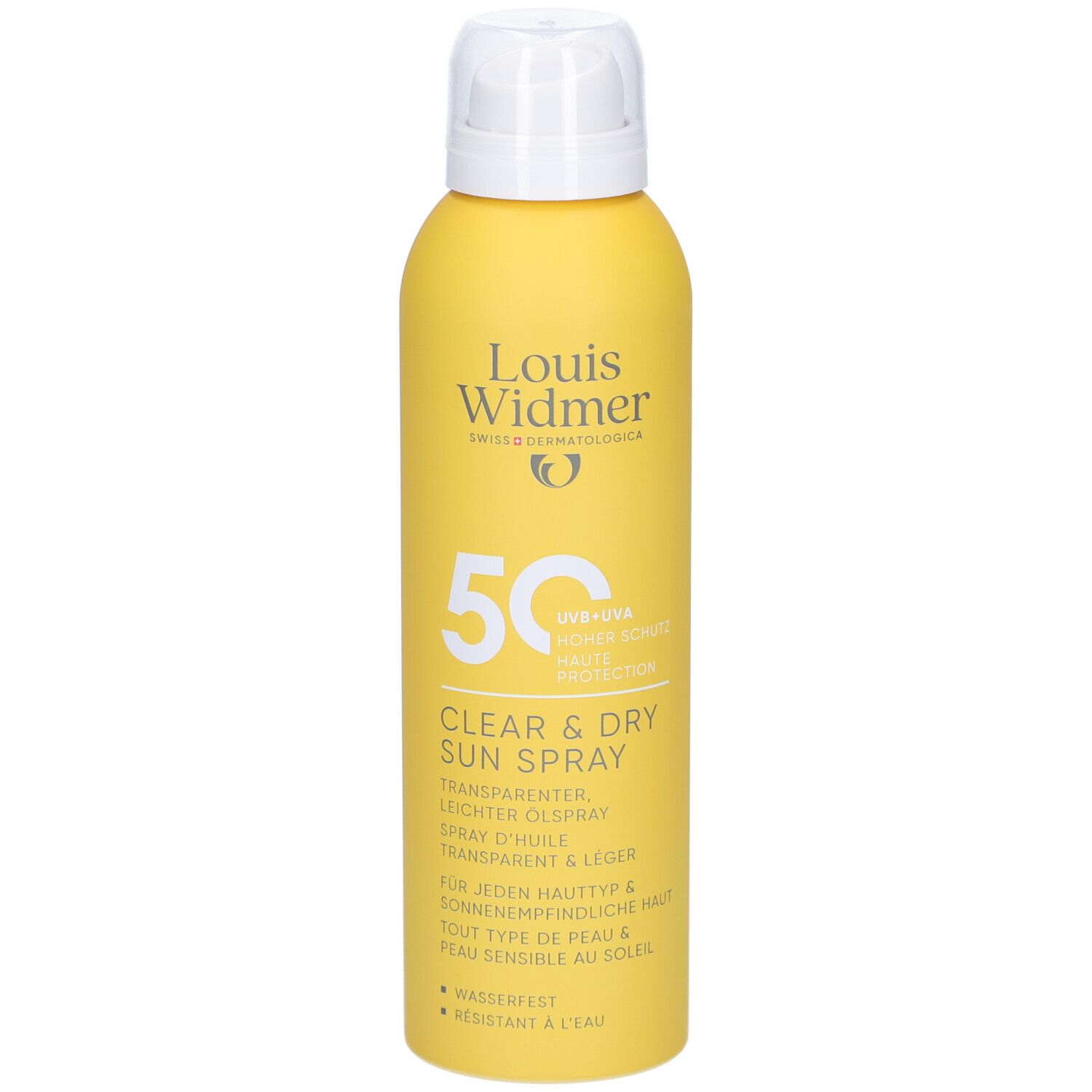 Flacon spray jaune avec bouchon blanc. Inscription: Louis Widmer, 50, Clear & Dry Sun Spray.