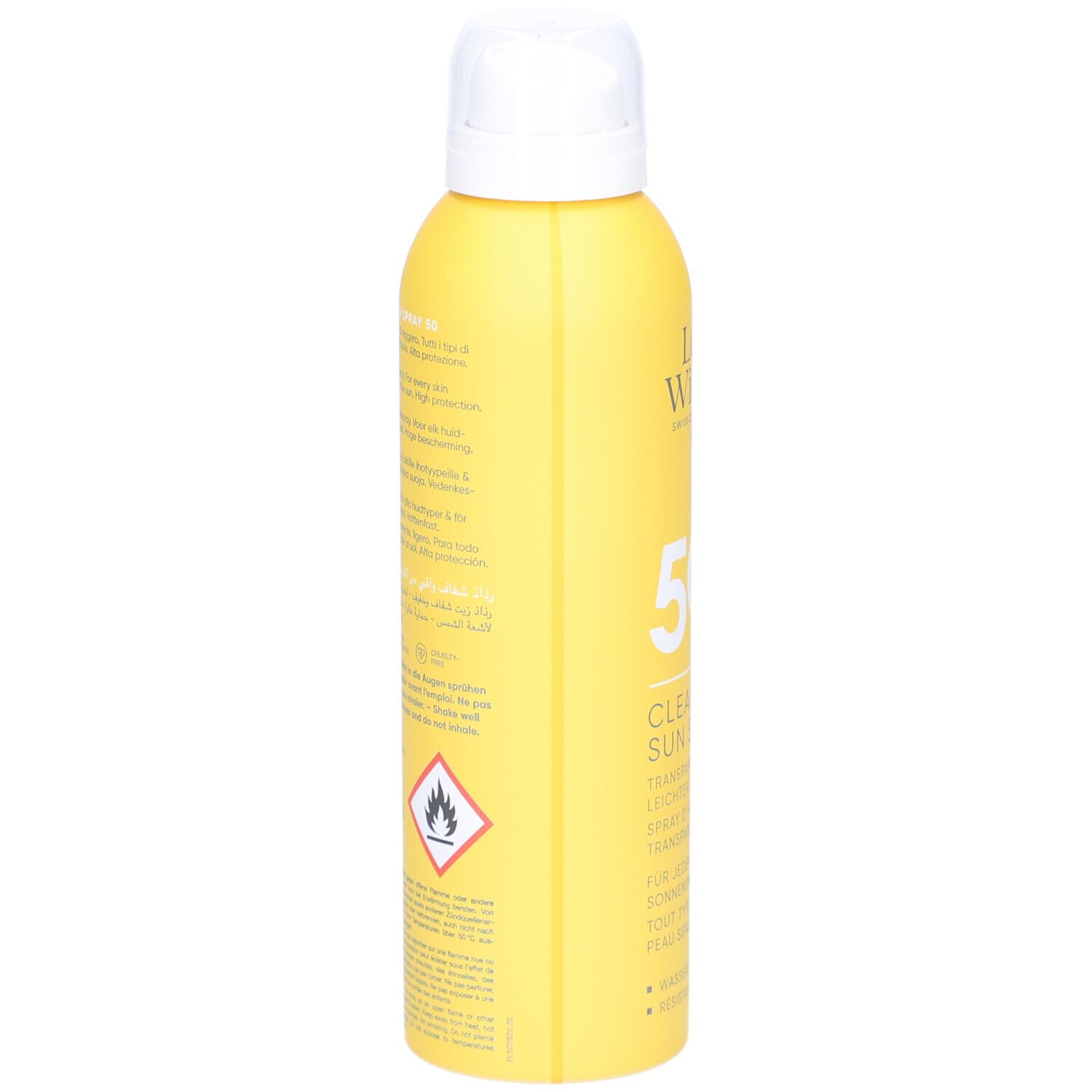 Flacon spray jaune avec bouchon blanc. Inscriptions et texte sur le côté.