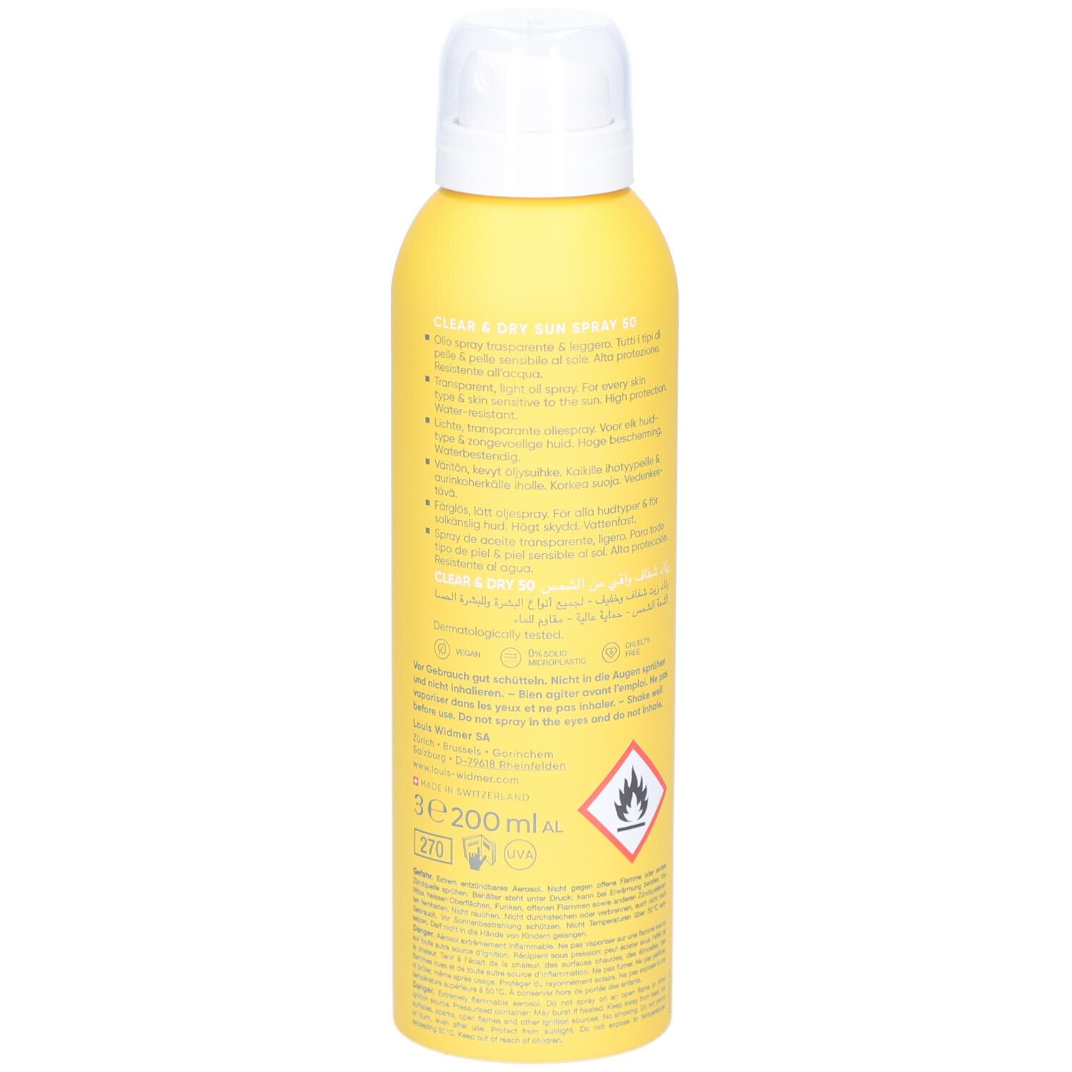 Flacon spray jaune avec bouchon blanc. Inscriptions et texte sur le côté, avec symboles d'avertissement.