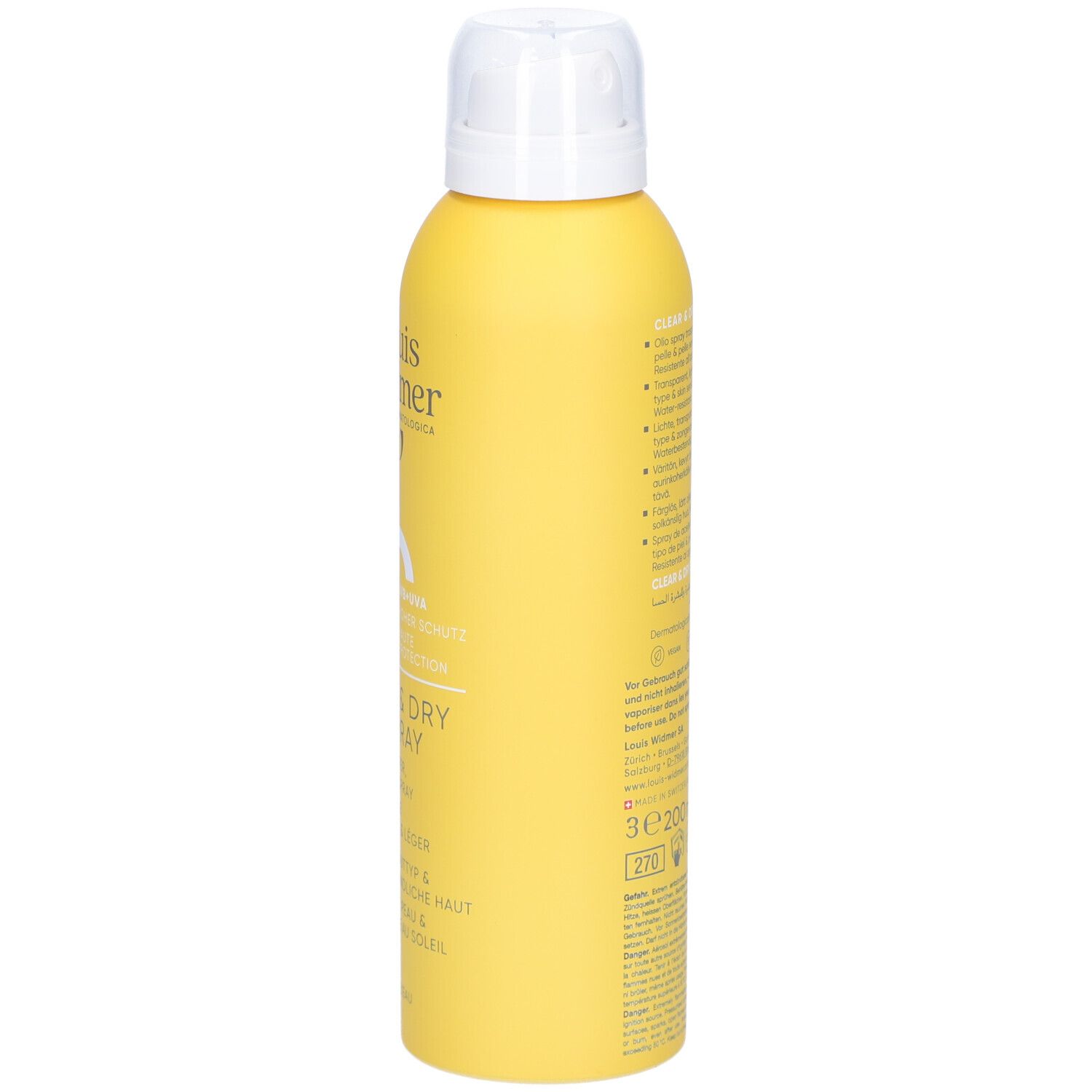 Flacon spray jaune avec bouchon blanc. Inscriptions et texte sur le côté.
