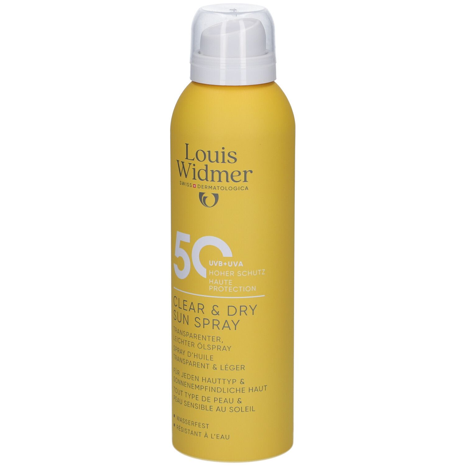Flacon spray jaune avec bouchon blanc. Inscription: Louis Widmer, 50, Clear & Dry Sun Spray.