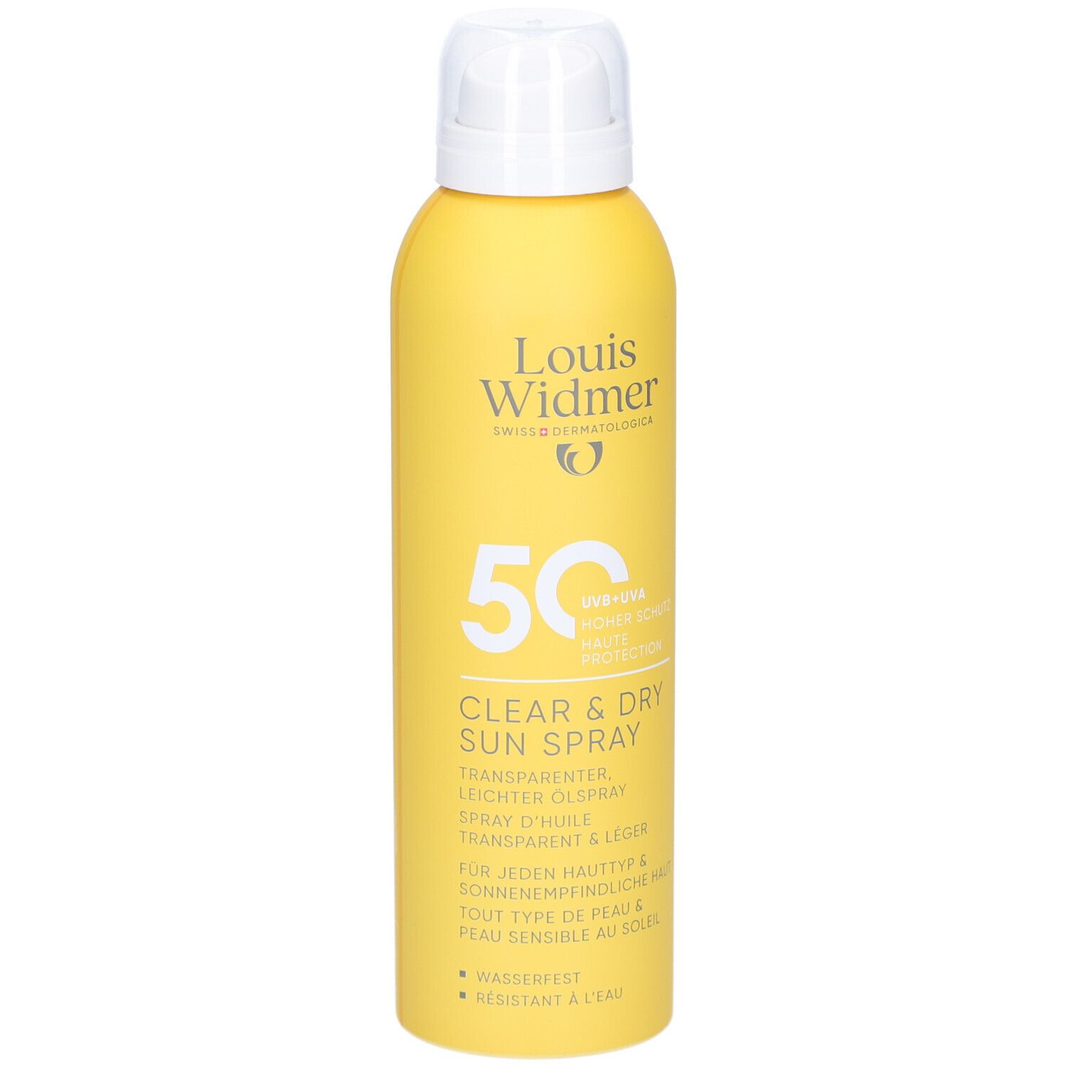 Flacon spray jaune avec bouchon blanc. Inscription: Louis Widmer, 50, Clear & Dry Sun Spray.