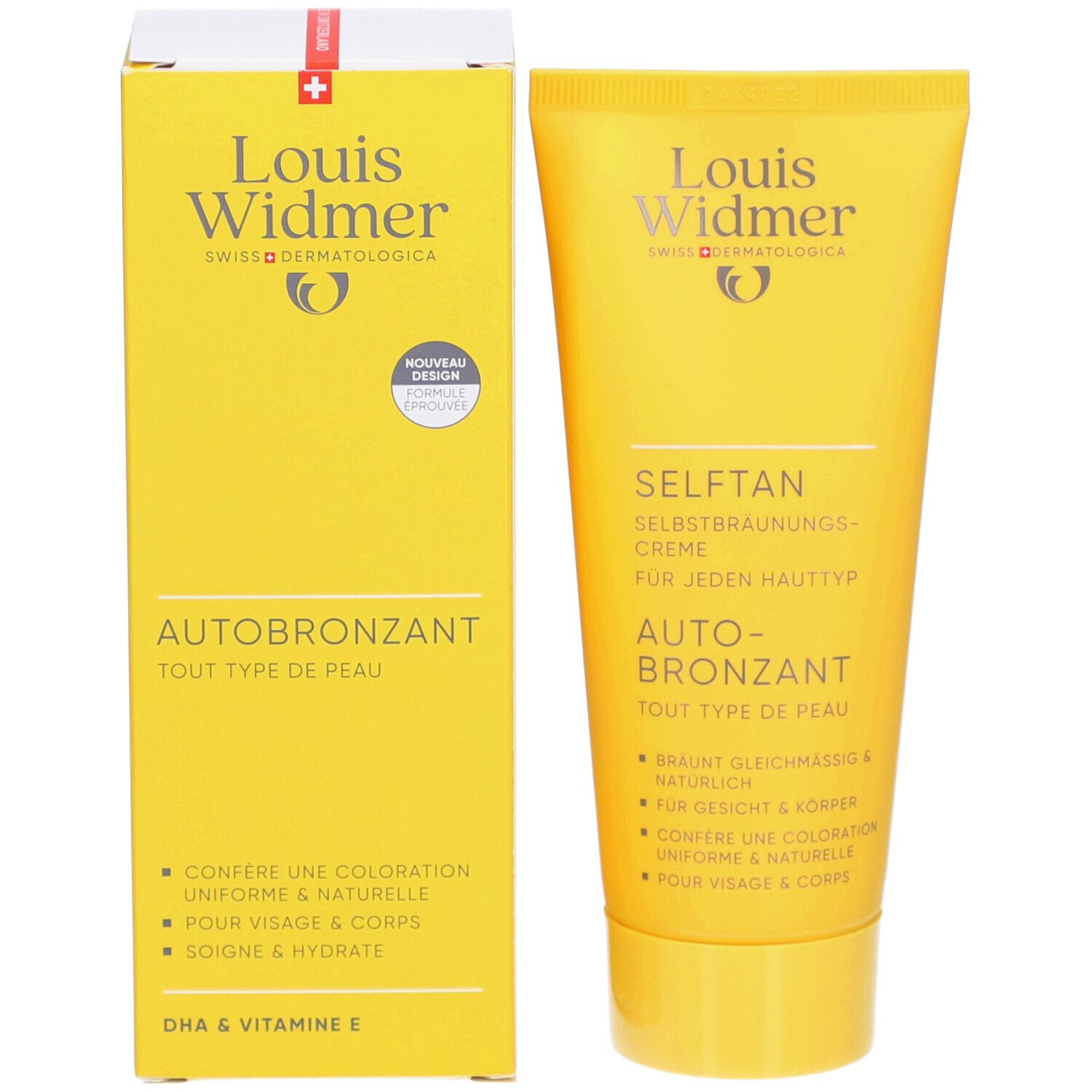 Boîte et tube jaunes. Inscription "Louis Widmer" et "Selftan". Texte en allemand et français. Pour tous types de peau.