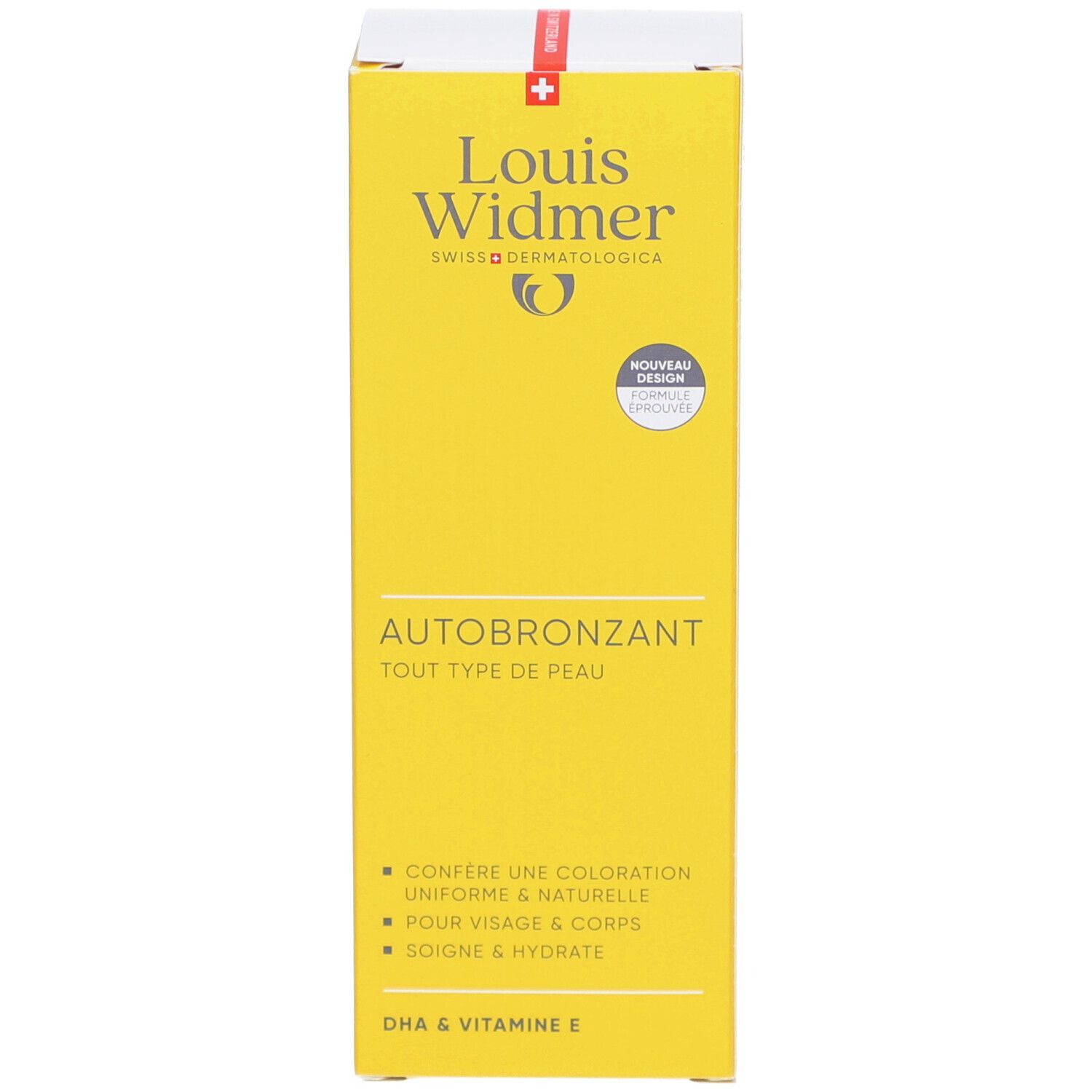 Boîte jaune avec "Louis Widmer" et "Autobronzant". Texte en allemand et français. Avec ingrédients.