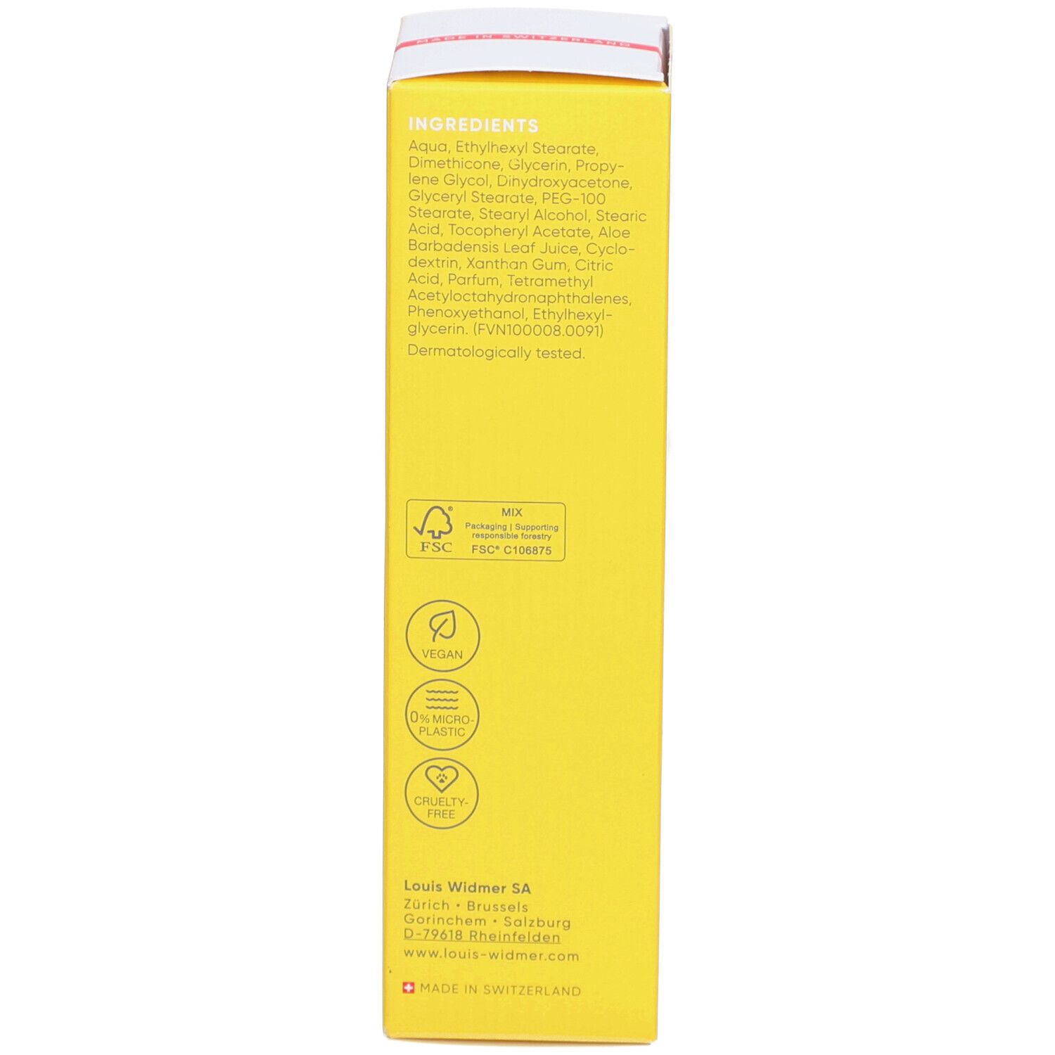 Dos de la boîte jaune. Liste des ingrédients. Vegan, sans microplastiques, sans cruauté.