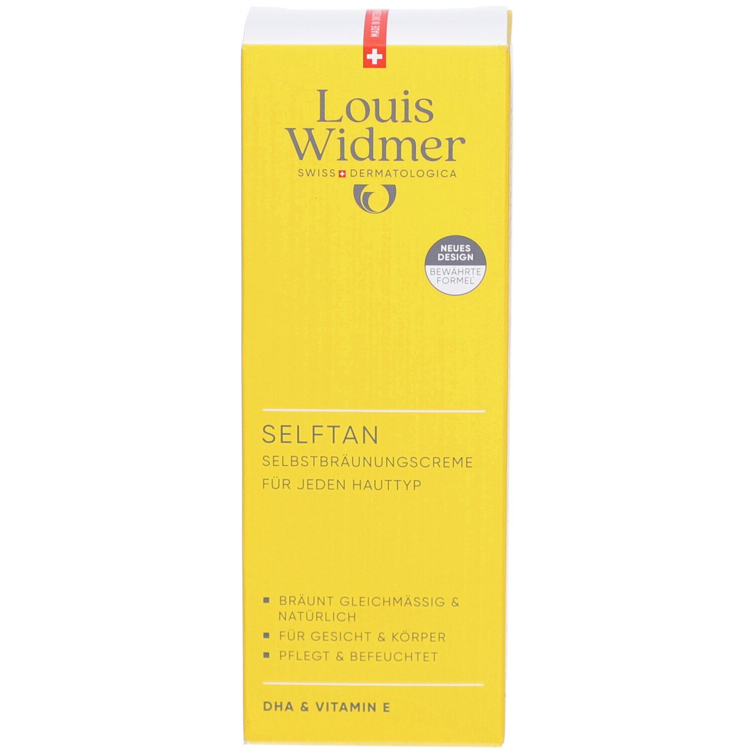 Boîte jaune avec "Louis Widmer" et "Selftan". Texte en allemand. Pour tous types de peau. Nouveau design.