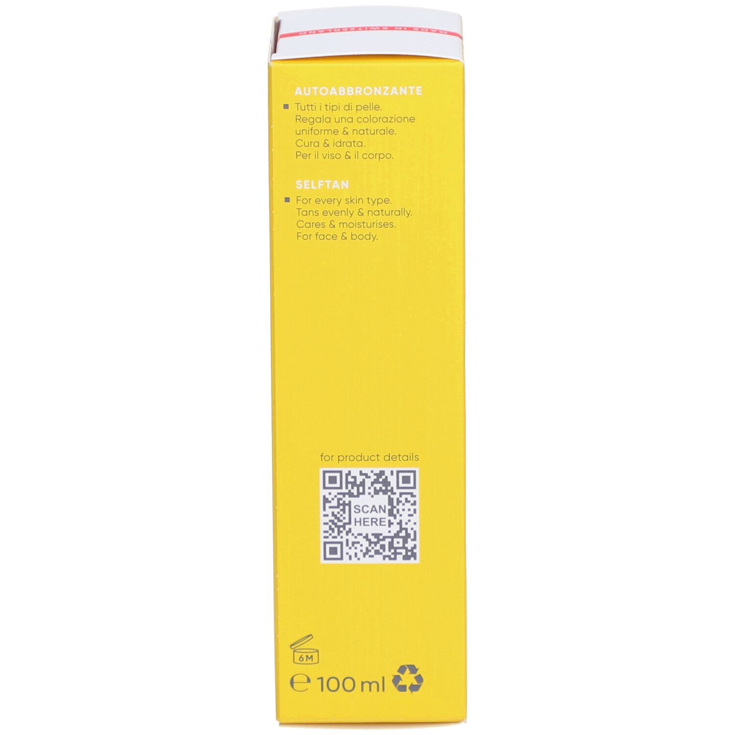 Dos de la boîte jaune. Texte multilingue. Code QR. 100 ml. Vegan, sans microplastiques, sans cruauté.