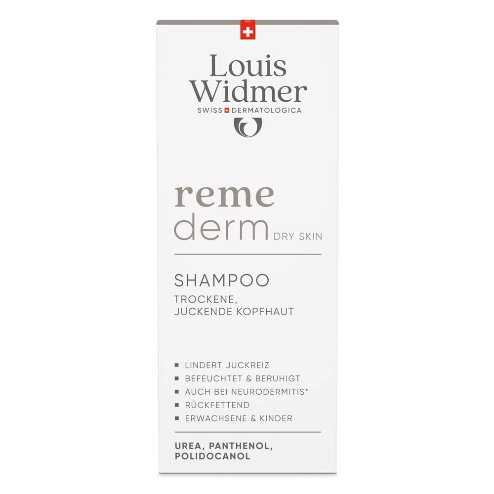 Emballage blanc Louis Widmer remederm Shampoo. Texte: Cuir chevelu sec et prurigineux. Ingrédients. Logo et nom du produit.