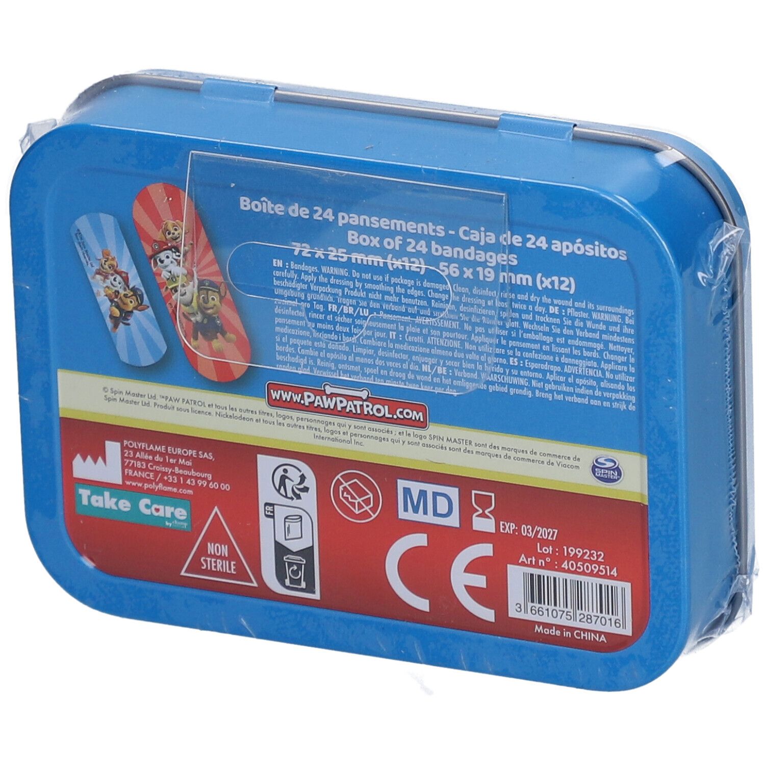 Dos de la boîte métallique bleue. Texte avec informations produit. Logo Pat' Patrouille. Marquage CE.