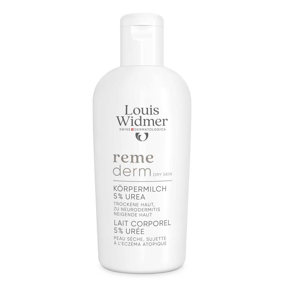 Flacon blanc Louis Widmer remederm Lait corporel 5% Urée. Peau sèche. Avec bouchon rabattable.