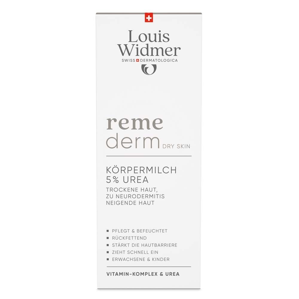 Emballage blanc Louis Widmer remederm Lait corporel 5% Urée. Peau sèche. Texte sur l'emballage.