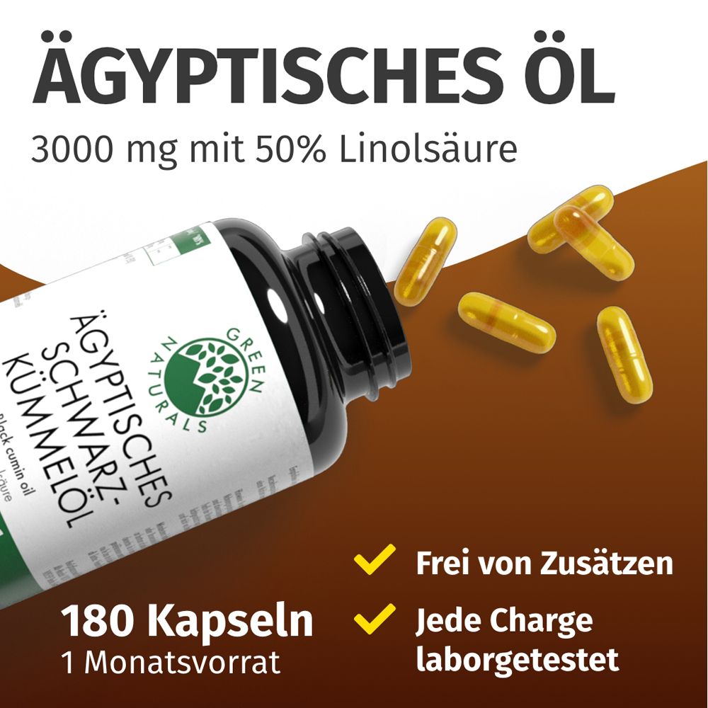 Gélules d'huile de nigelle, 3000 mg, 180 gélules. Quelques gélules à côté du pot.
