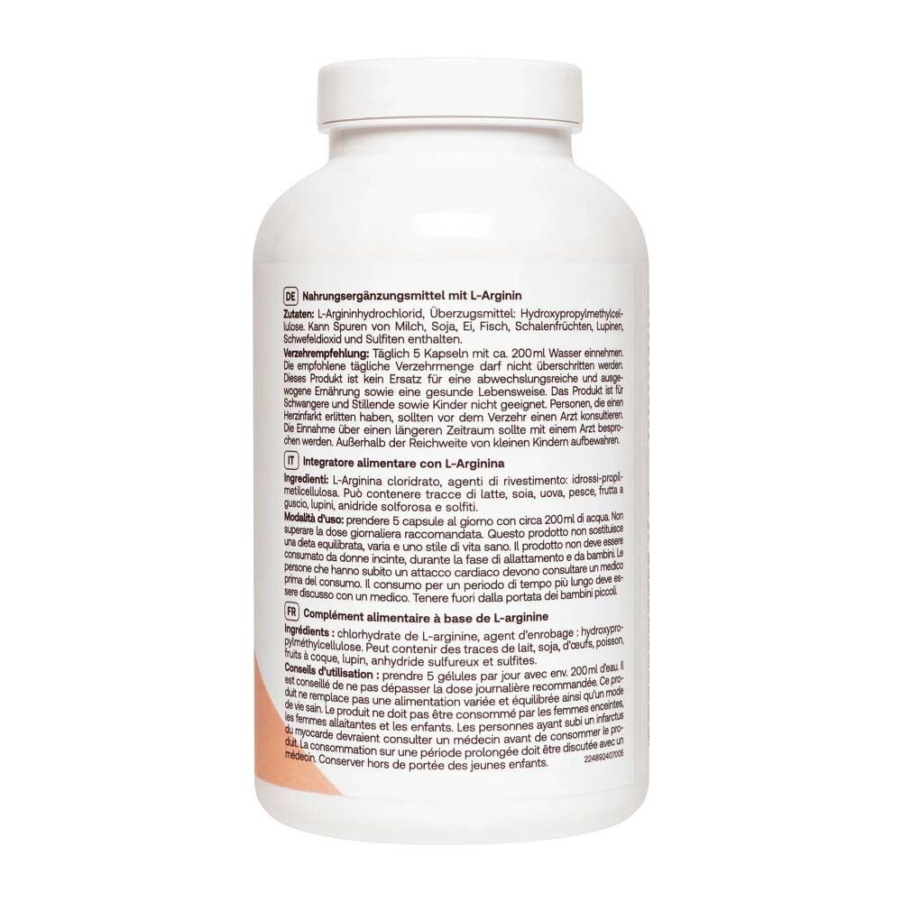 Dos du flacon Redcare L-Arginine. Texte en allemand, italien, néerlandais et français. Ingrédients et utilisation.