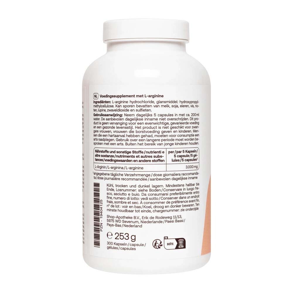 Dos du flacon Redcare L-Arginine. Texte en allemand, italien, néerlandais et français. Ingrédients et utilisation.