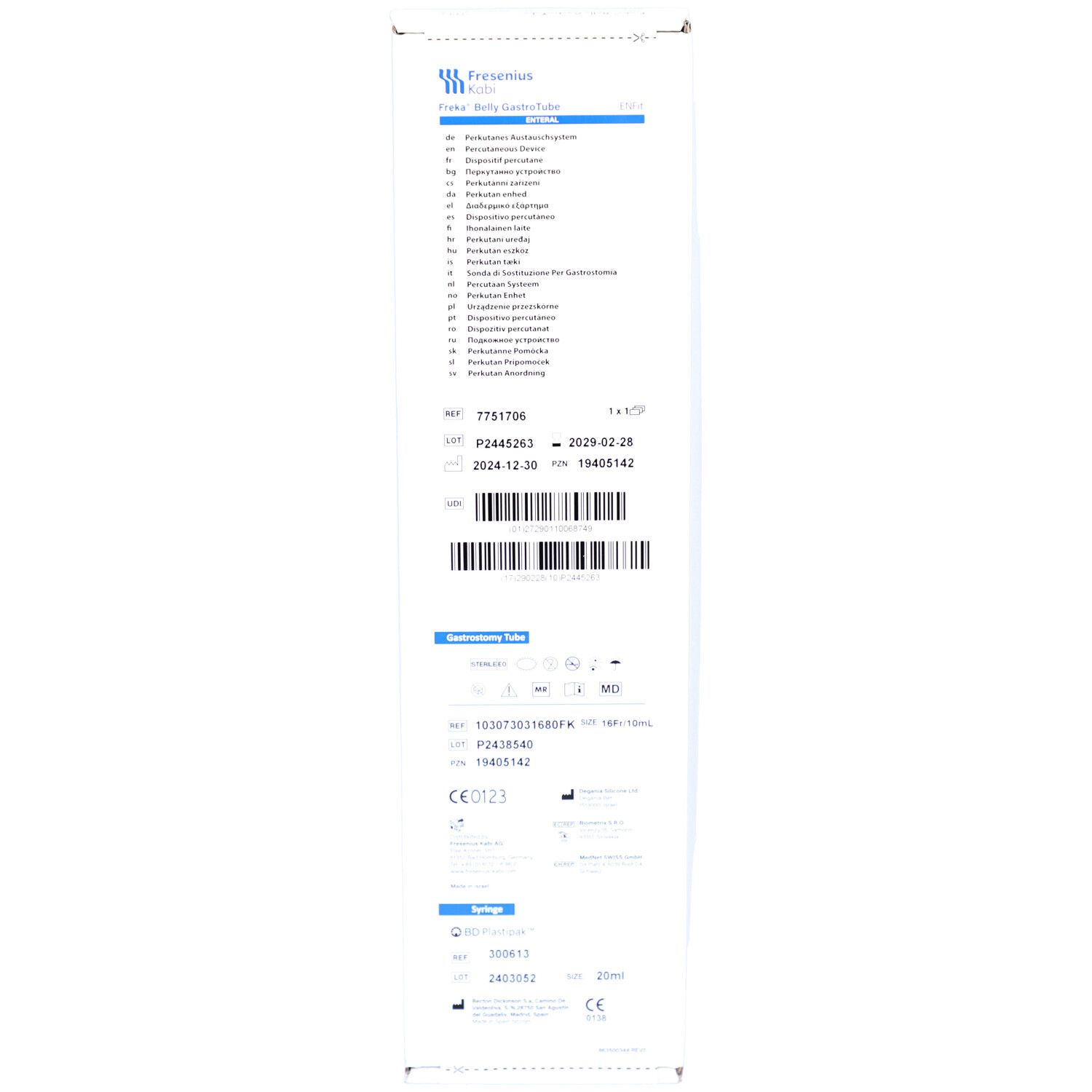 Emballage avec informations produit. Texte en allemand. Code-barres et marquage CE visibles.