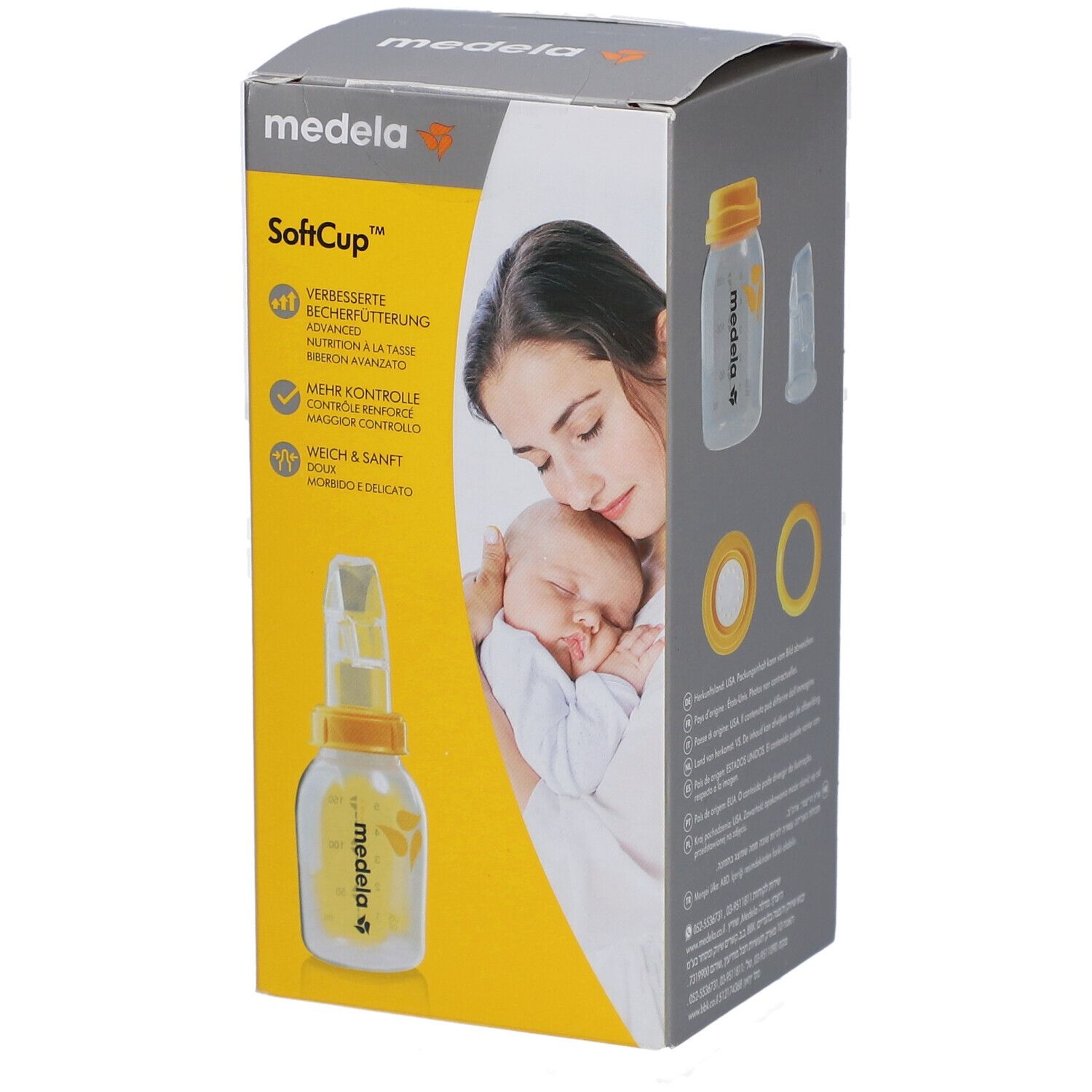 Medela SoftCup, gobelet spécial. Emballage avec image du produit et texte. Jaune et transparent.