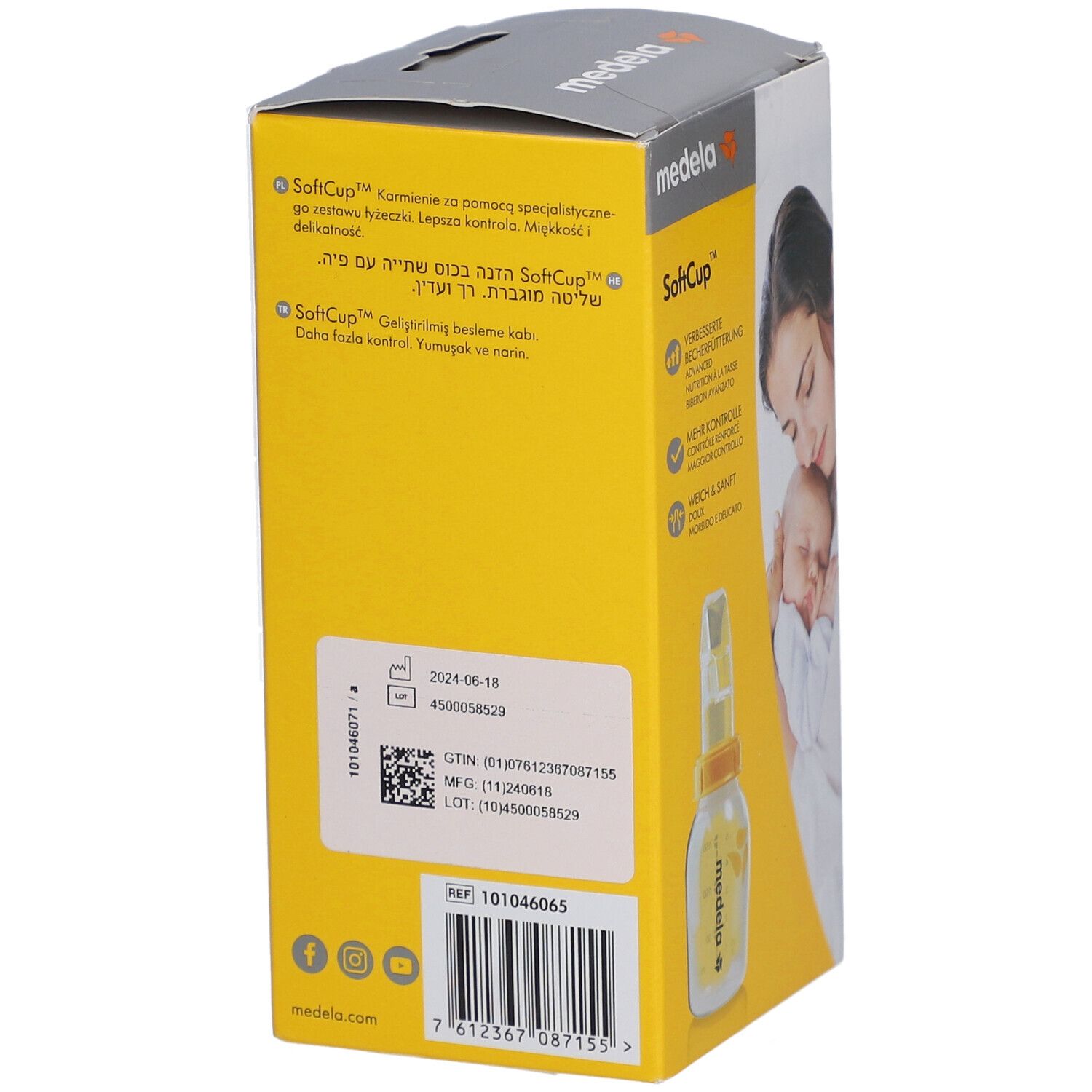 Dos de l'emballage Medela SoftCup. Texte et code-barres. Fond jaune.