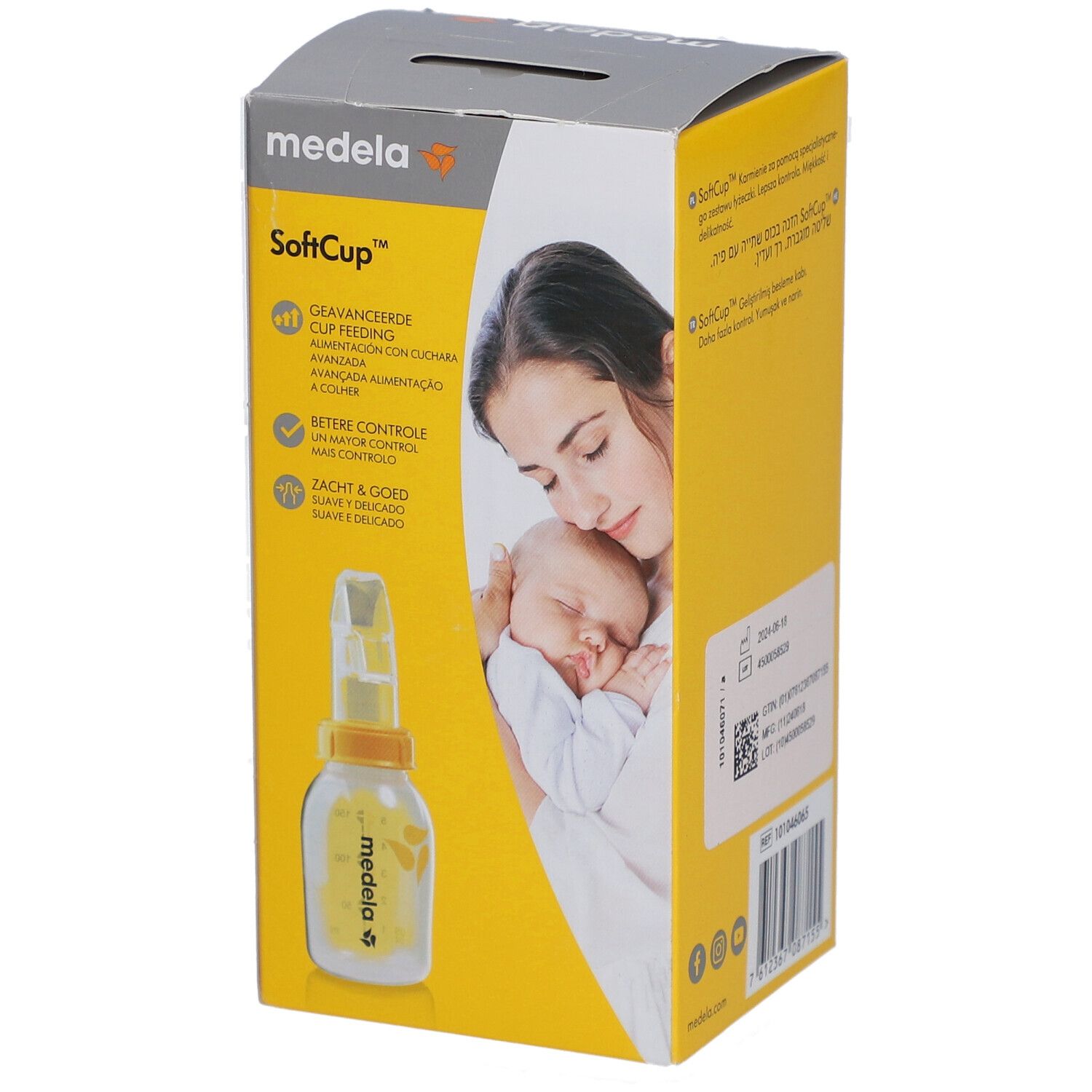 Emballage Medela SoftCup, gobelet spécial. Image du produit et texte. Jaune et gris.