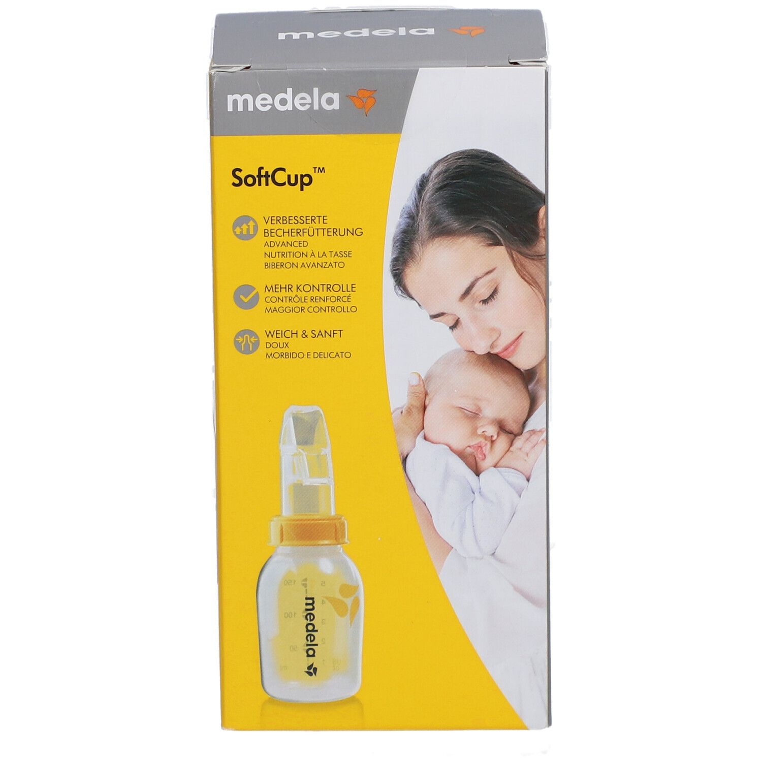 Emballage Medela SoftCup, gobelet spécial. Image du produit et texte. Jaune et gris.