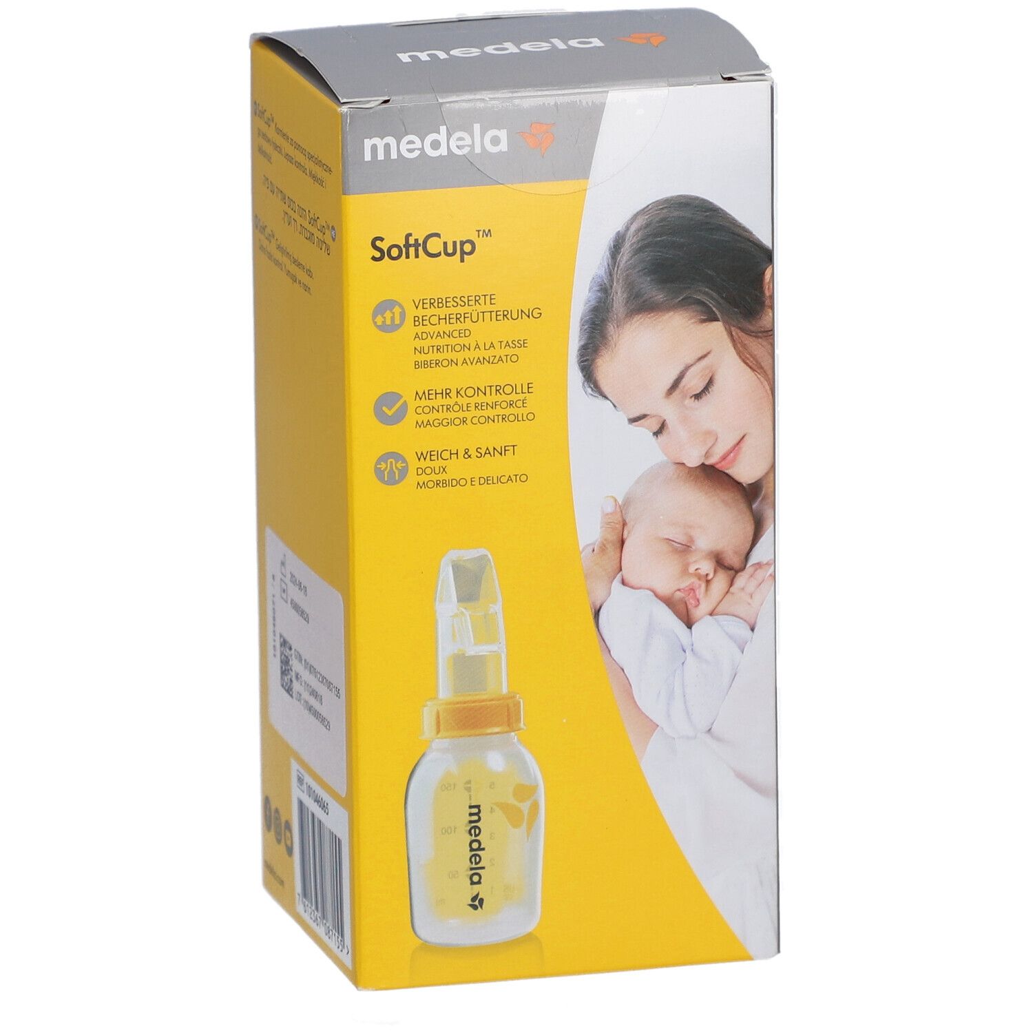 Emballage Medela SoftCup, gobelet spécial. Image du produit et texte. Jaune et gris.
