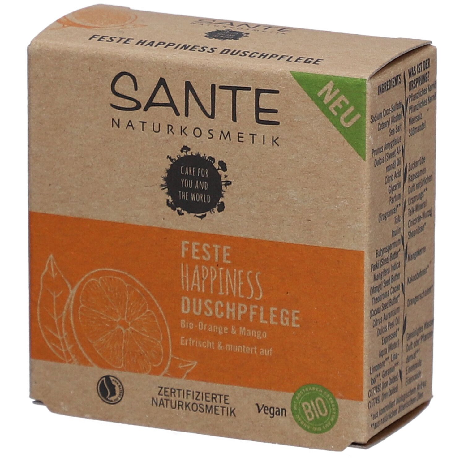 Emballage en carton avec informations produit. Zone orange avec nom et Bio-Orange & Mango. Labels Vegan et Bio.