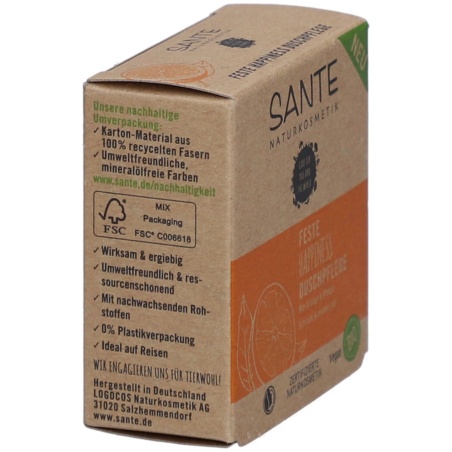 Emballage en carton avec texte. Emballage durable, label FSC, texte sur ingrédients et durabilité. Nom du produit visible.
