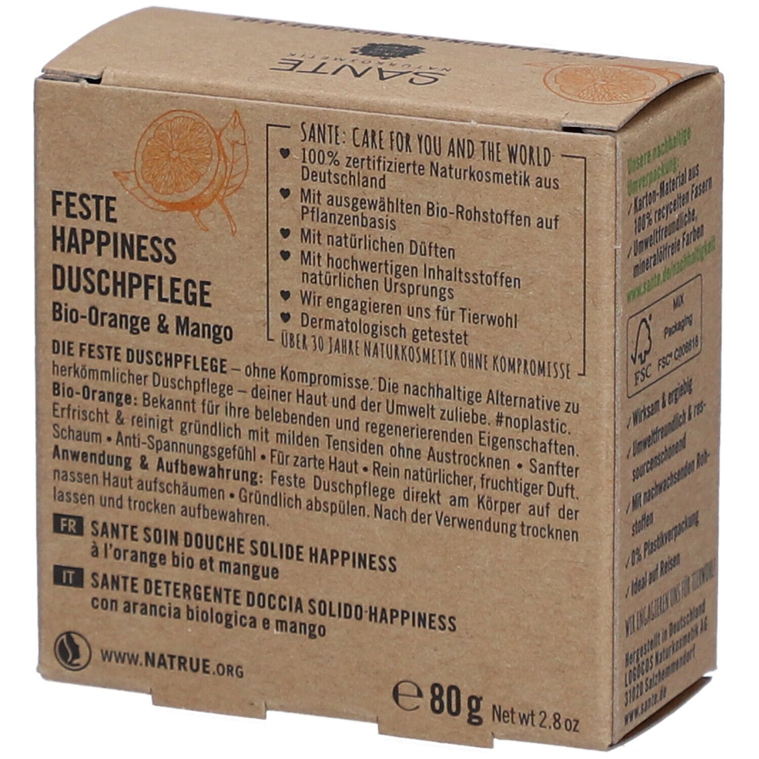 Dos de l'emballage en carton. Texte sur ingrédients, utilisation et durabilité. Nom du produit et logo visibles.