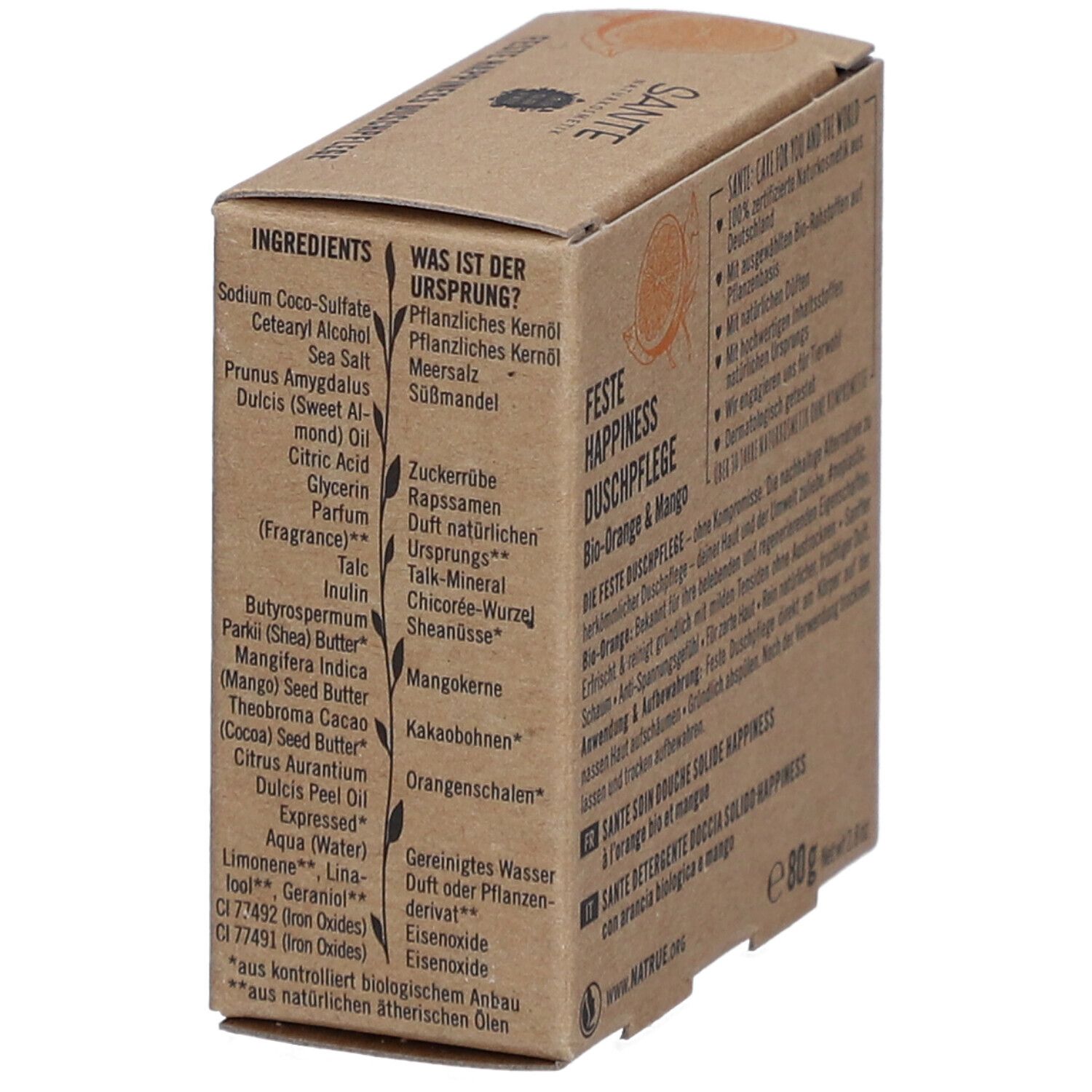 Emballage en carton avec liste d'ingrédients. Nom du produit et logo visibles. Texte en allemand et italien.