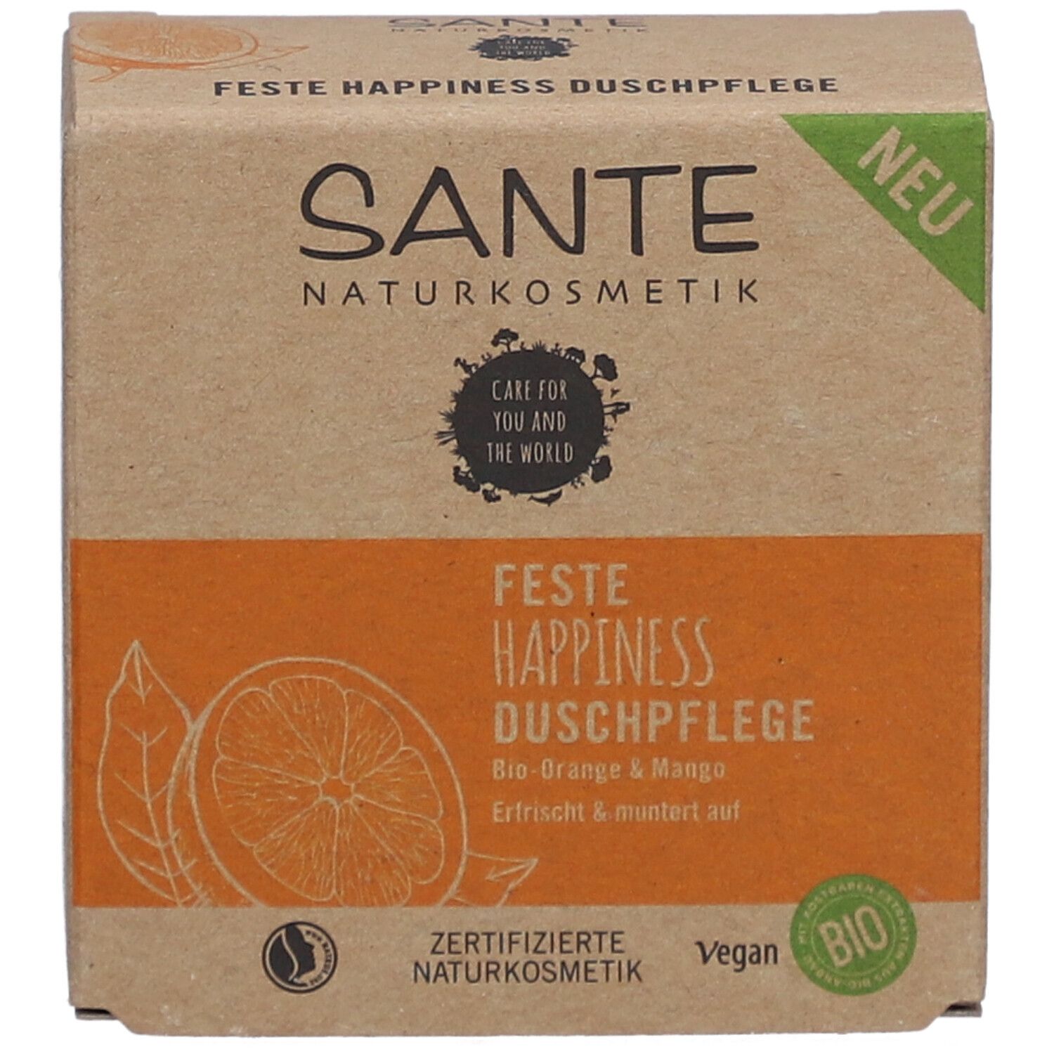 Emballage en carton avec informations produit. Zone orange avec nom et Bio-Orange & Mango. Labels Vegan et Bio.