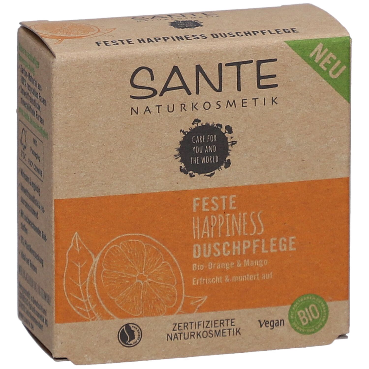 Emballage en carton avec informations produit. Zone orange avec nom et Bio-Orange & Mango. Labels Vegan et Bio.