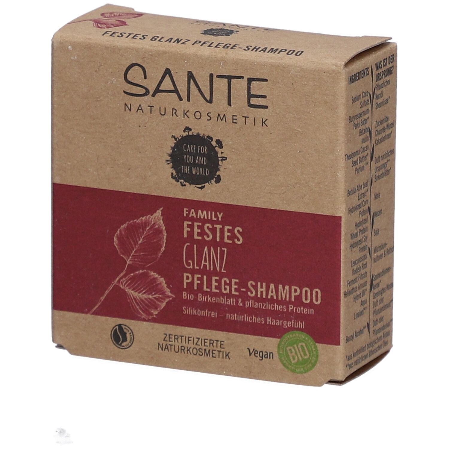 Emballage en carton avec logo SANTE et nom du produit. Zone rouge avec informations et label bio.