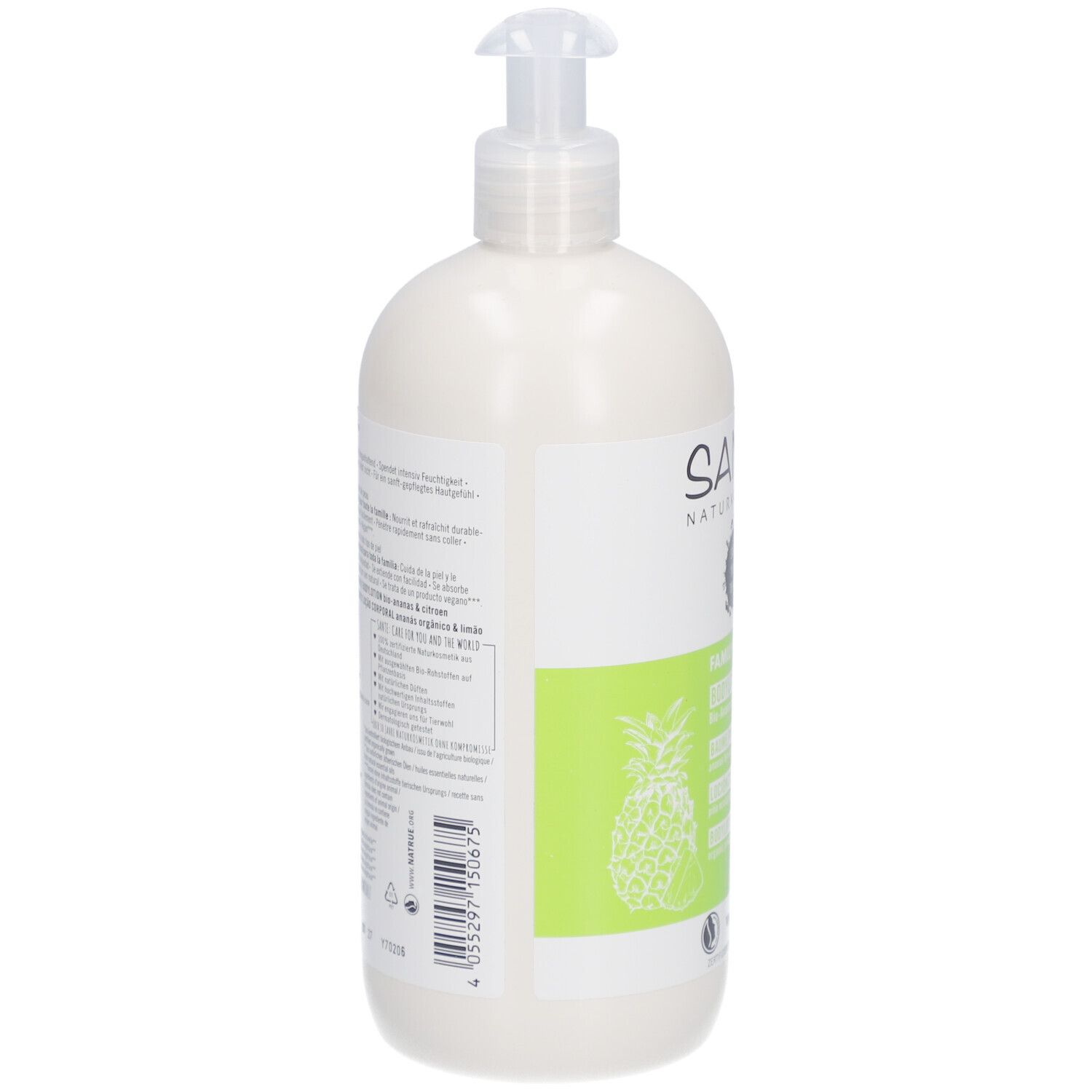 SANTE Bodylotion Bio-Ananas & Limone. Dos de la bouteille. Texte sur étiquette blanche. Détails verts. Pompe.