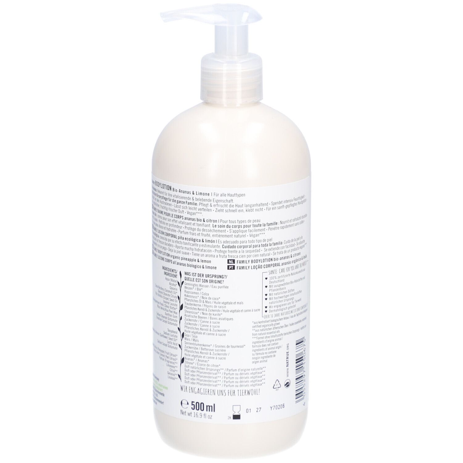 SANTE Bodylotion Bio-Ananas & Limone. Dos de la bouteille. Texte sur étiquette blanche. Détails verts. 500 ml.