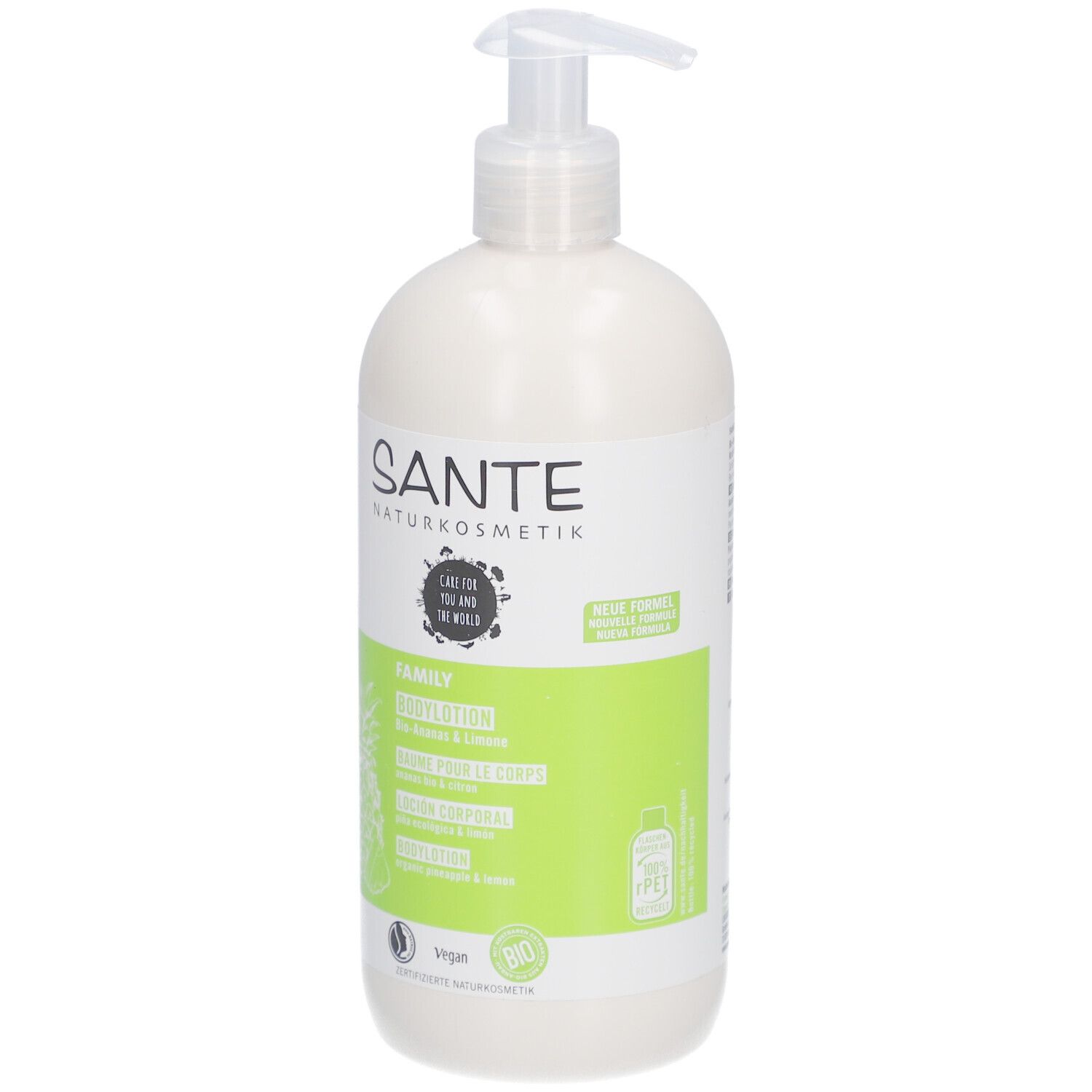 SANTE Bodylotion Bio-Ananas & Limone. Bouteille blanche avec pompe. Étiquette verte et blanche avec nom du produit et logo.