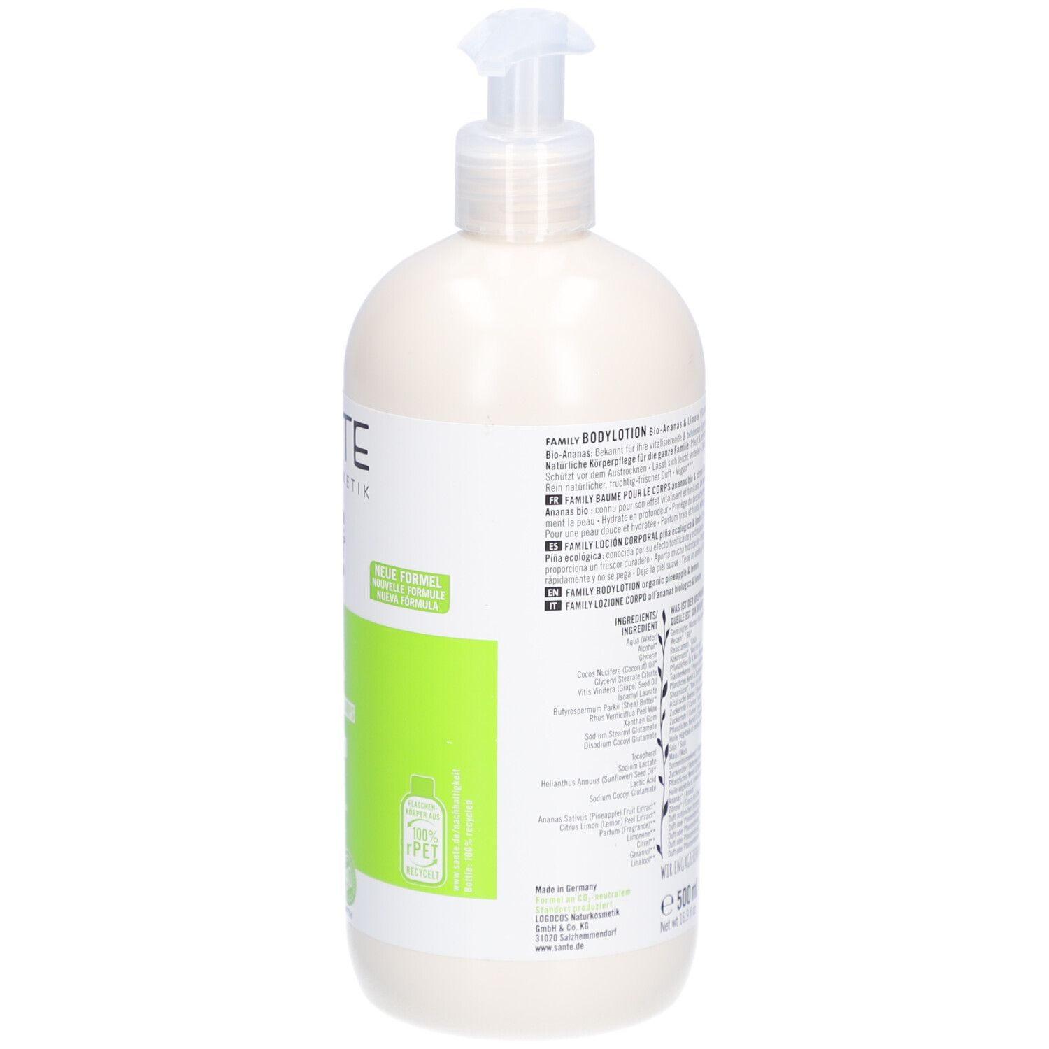 SANTE Bodylotion Bio-Ananas & Limone. Dos de la bouteille. Texte sur étiquette blanche. Détails verts. 500 ml.
