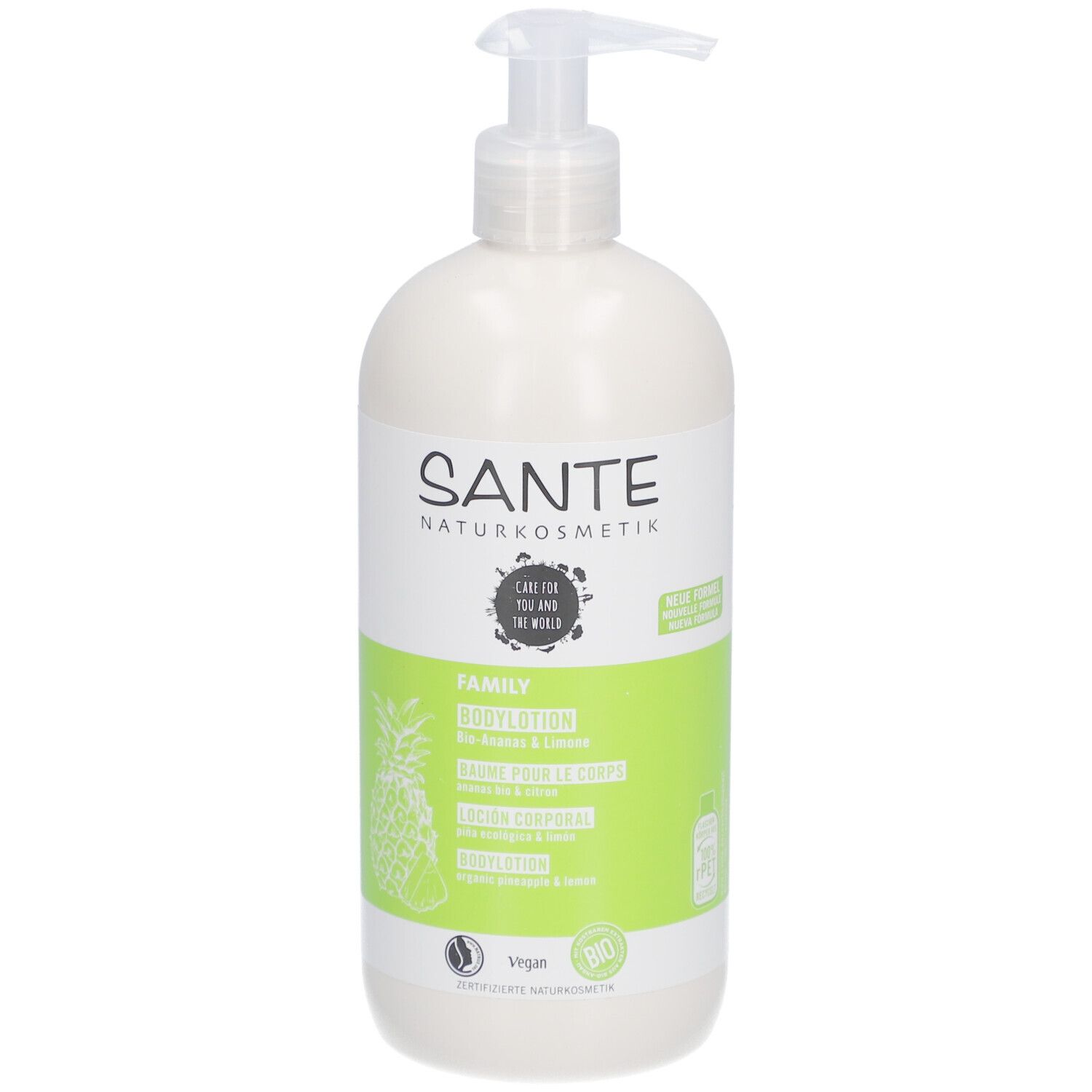 SANTE Bodylotion Bio-Ananas & Limone. Bouteille blanche avec pompe. Étiquette verte et blanche avec nom du produit et illustration d'ananas.