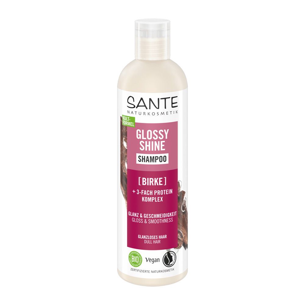Shampoo SANTE Glossy Shine. Bouteille avec étiquette blanche et accents roses. Contient de l'extrait de bouleau et des protéines. Vegan.