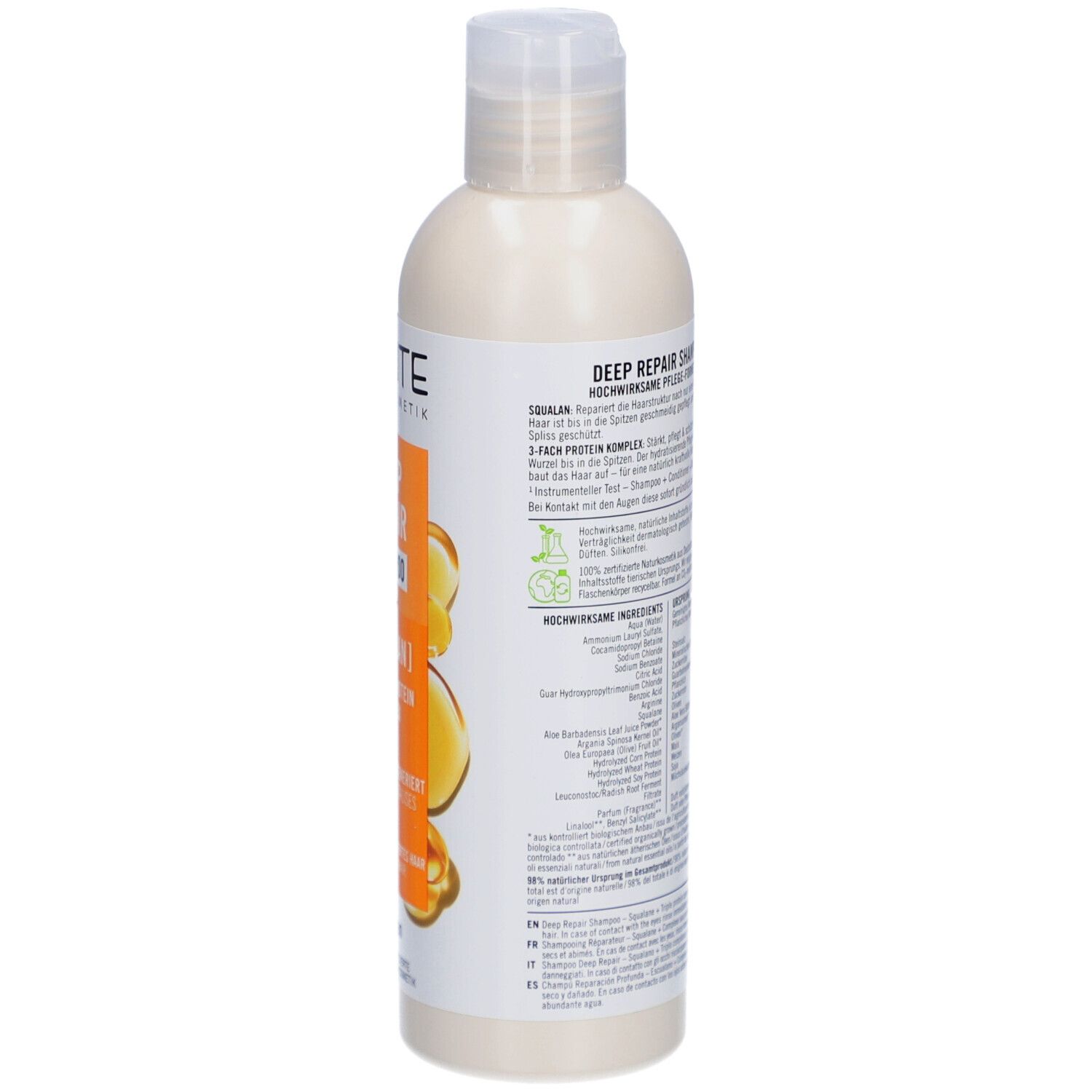 Dos de la bouteille de shampooing SANTE Deep Repair. Bouteille blanche avec texte. Texte: Deep Repair Shampoo, ingrédients, certifications, 250 ml.