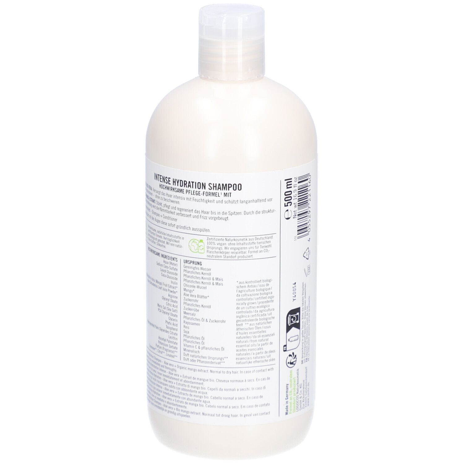 Dos du flacon de shampooing. Texte: ingrédients, instructions d'utilisation. Label Bio, label Vegan. 500 ml.