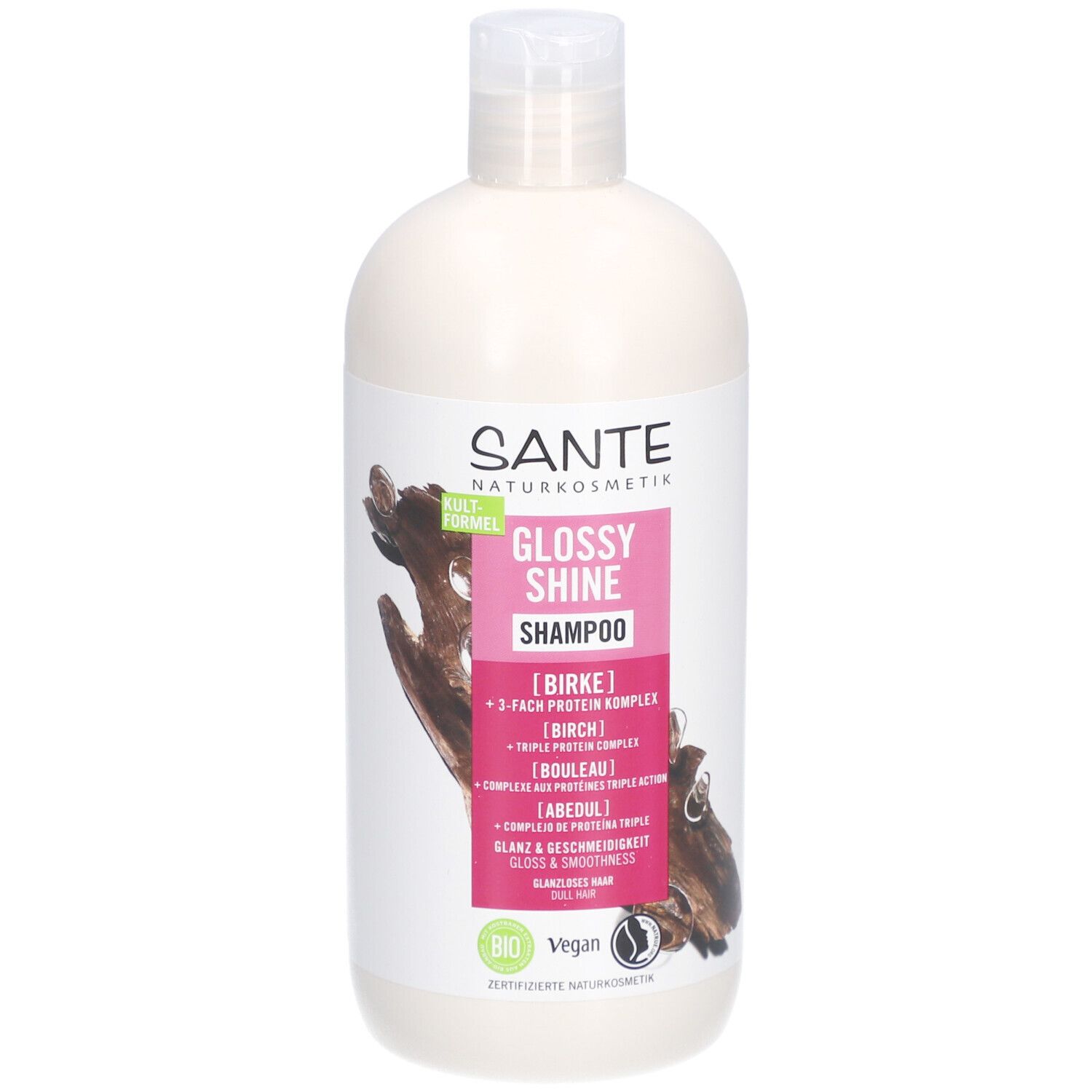 Flacon de shampooing avec bouchon blanc. Étiquette rose avec nom et logo du produit. Label vegan.