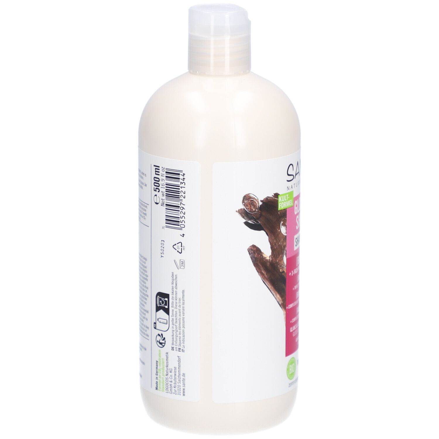 Flacon de shampooing, vue latérale. Étiquette avec informations sur le produit et code-barres. Label vegan.